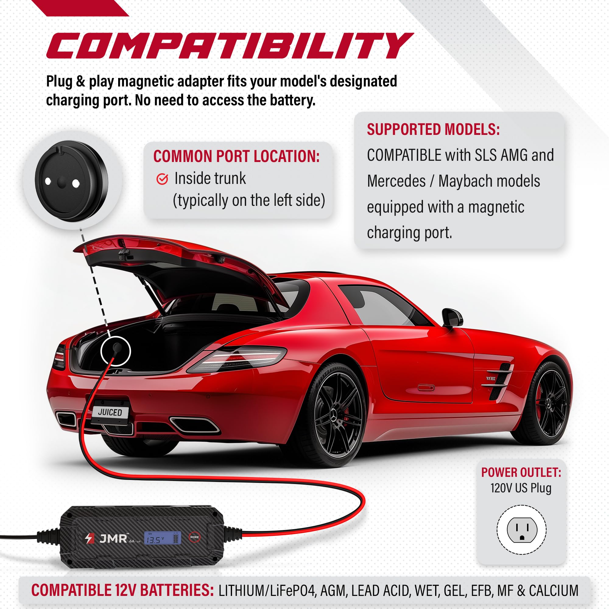JMR Battery Charger for Mercedes-Benz SLS AMG Trickle Charger Conditioner Maintainer (Magnetic Port, Add Lithium Mode)