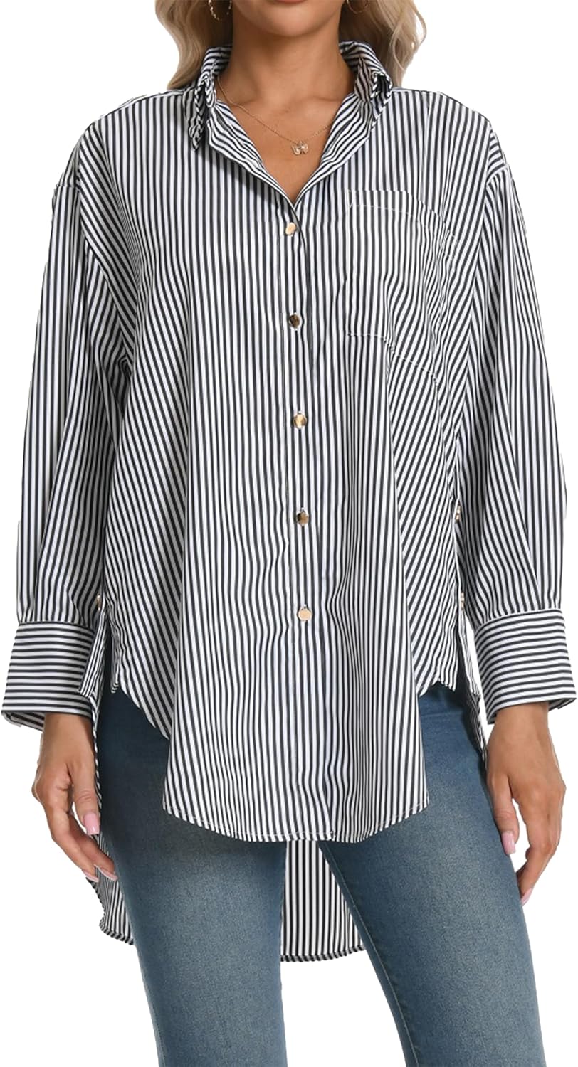 Women Boyfriend Oversized Striped Button Down Shirts Long Sleeve Blouse Collared Office Work Top Shirt Casual Dressy - Image 2