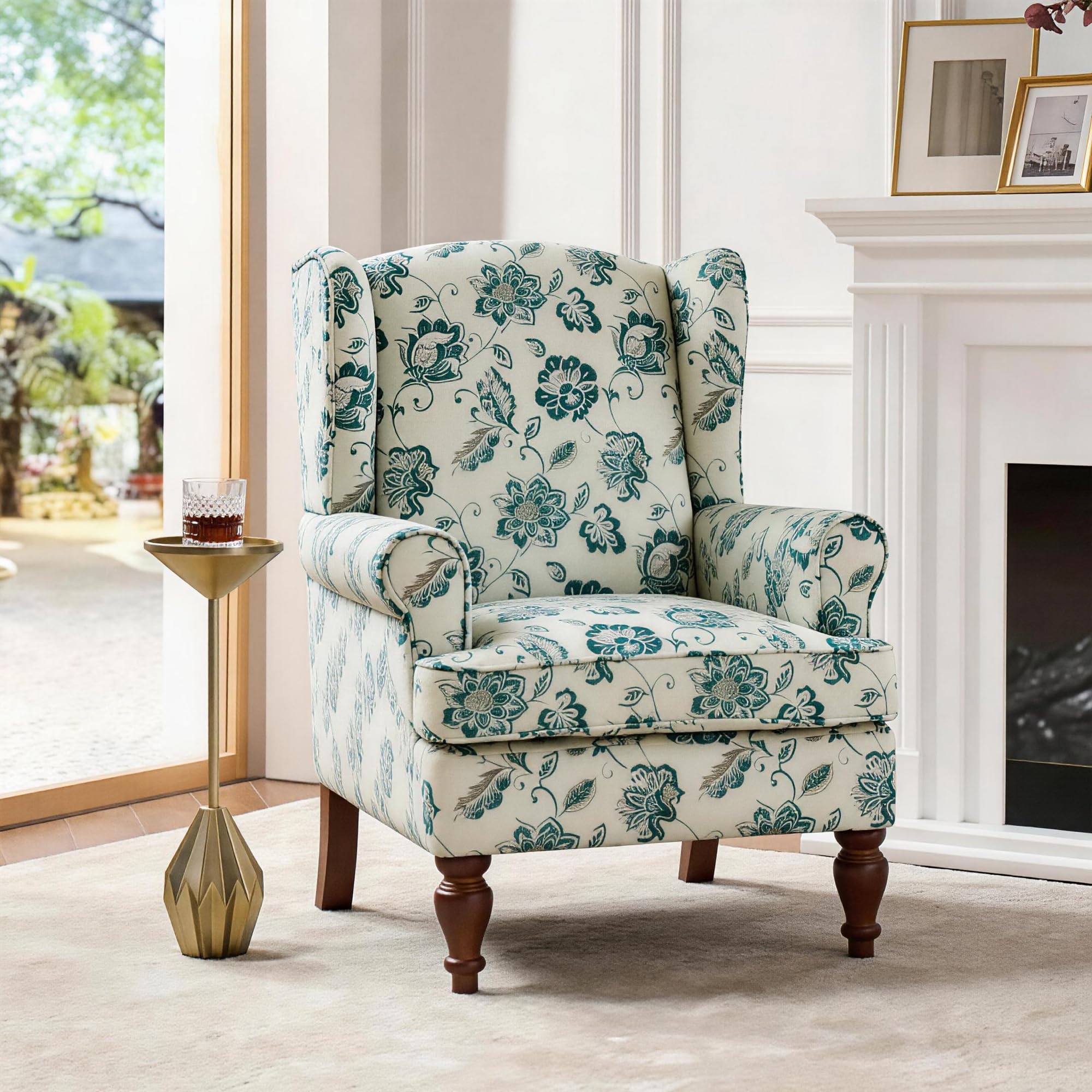 AZRBOPO Wingback Armchair, Retro Accent Chair Soft Padded Fabric Lounge Padded Sofa, Retro Vantage Leisure Armchair for Living Room Bedroom - Solid Wood Frame - Teal