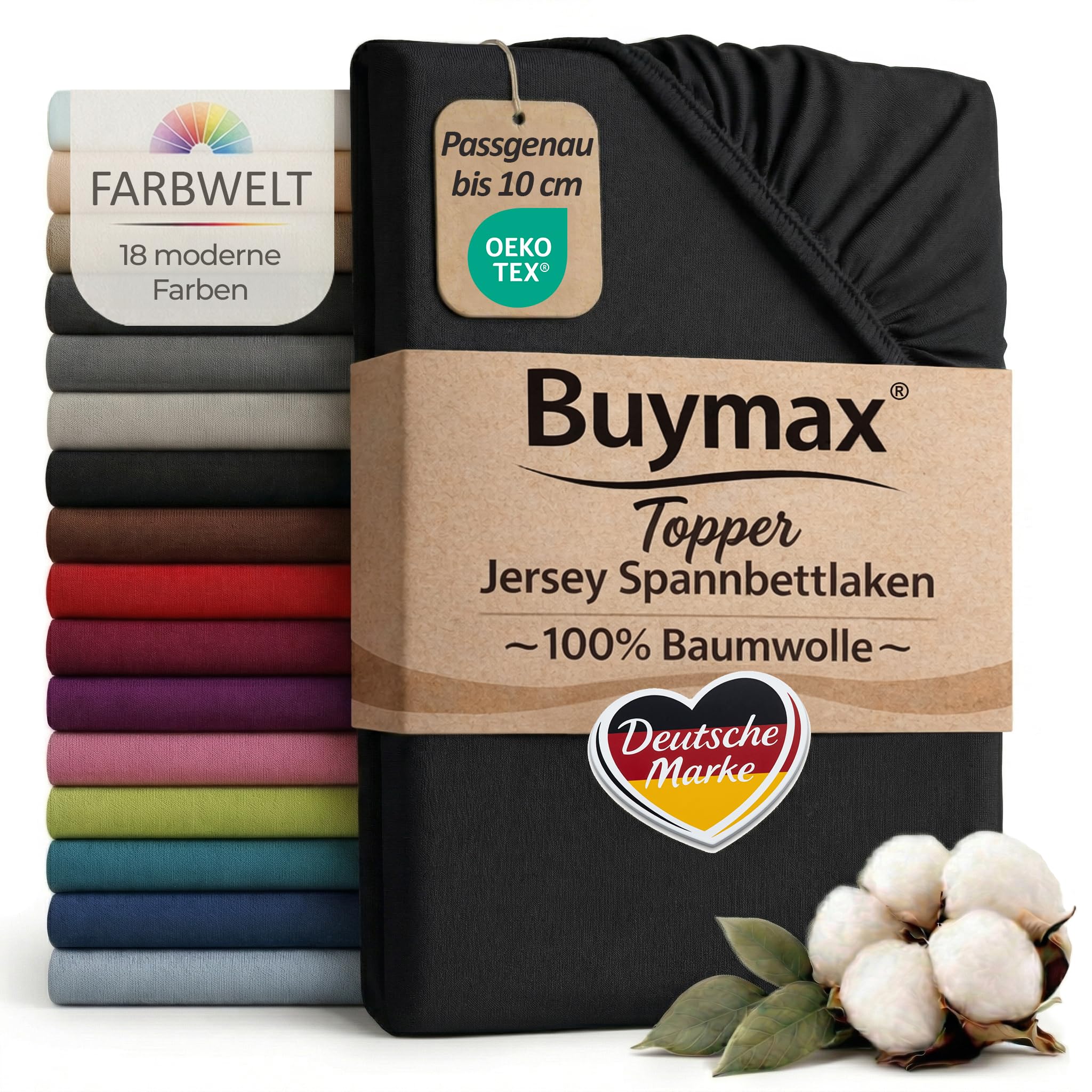 Buymax Jersey Topper Spannbettlaken aus 100% Baumwolle – Spannbetttuch für Topper bis 10 cm Höhe (18 cm Steg), atmungsaktiv, elastisch, Oeko-TEX