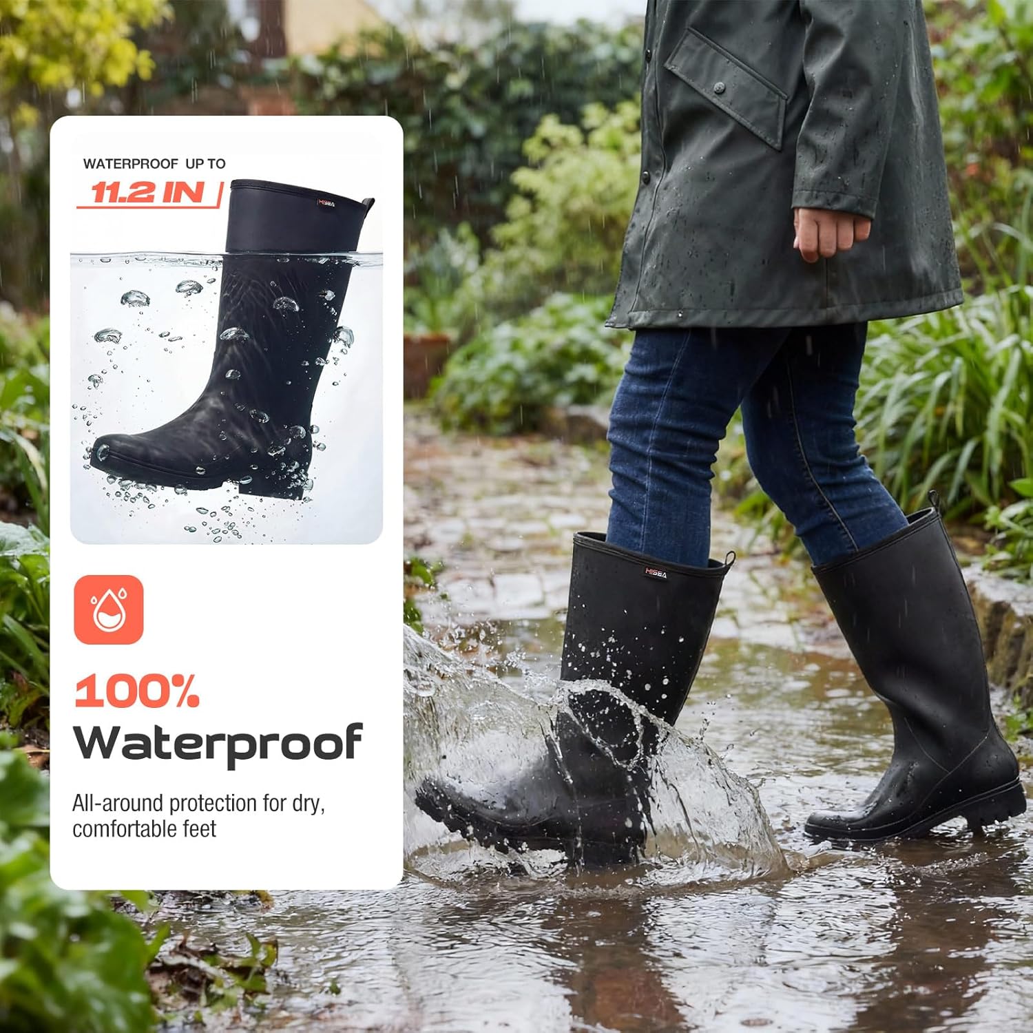 HISEA Wide Calf Rubber Boots Tall Rain Boots Seamless Matte Surface Waterproof PVC Rainboots for Women Gardening Farming Walking Dogs Women's Rain Footwear