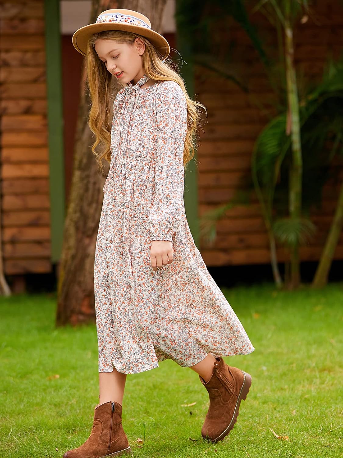 LaBeca Girls Casual Elastic Crew Neck Floral Printed Solid Color A-line Swing High Waist Midi Belted Dress with Pocket