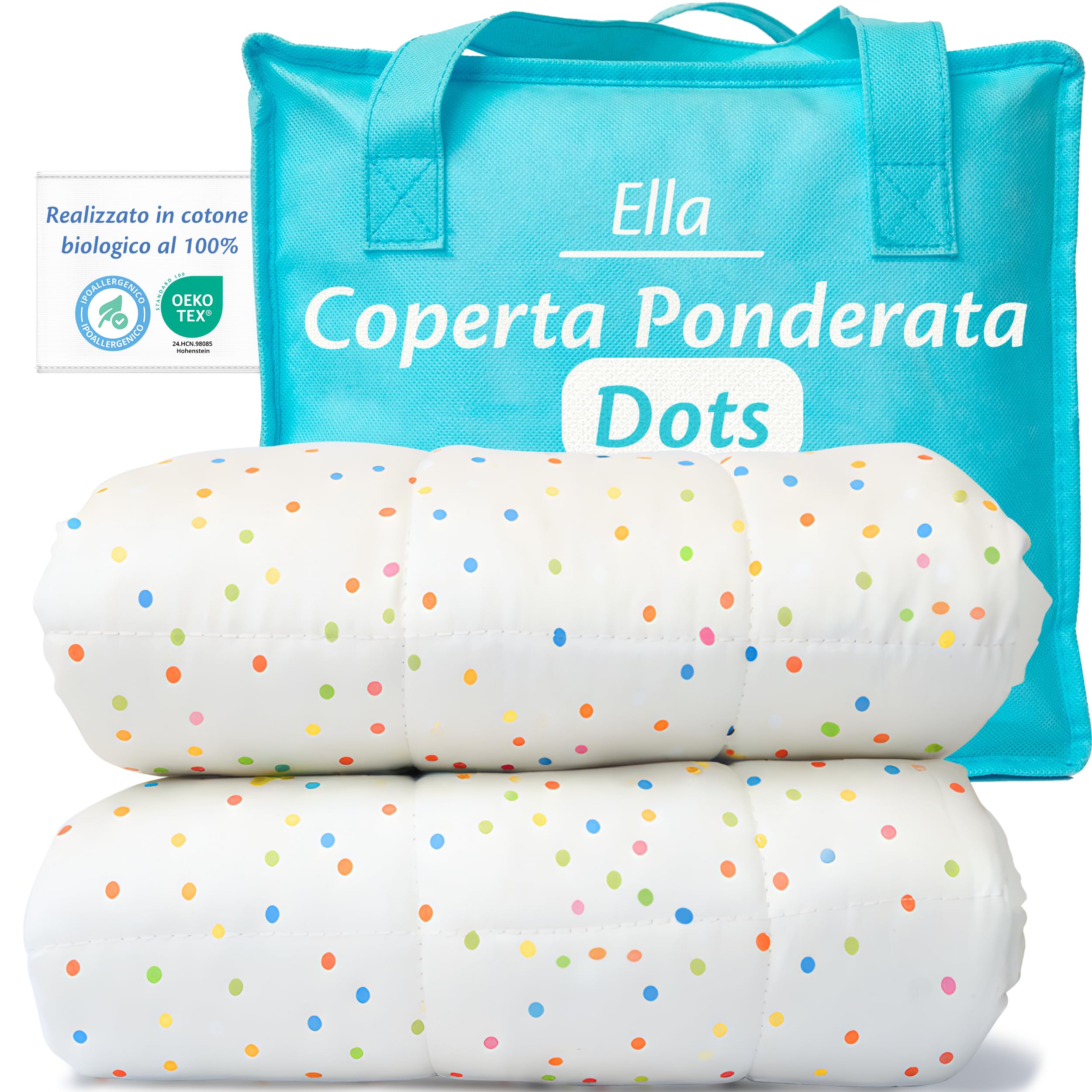 Ella Coperte Ponderate Bambini 2,4kg 90x120cm - Coperta Ponderata Rilassante per il Sonno - Perle di Vetro Ipoallergeniche, Strato Esterno in Cotone Morbido e Fresco - Per Bambini 15-25kg - A pois