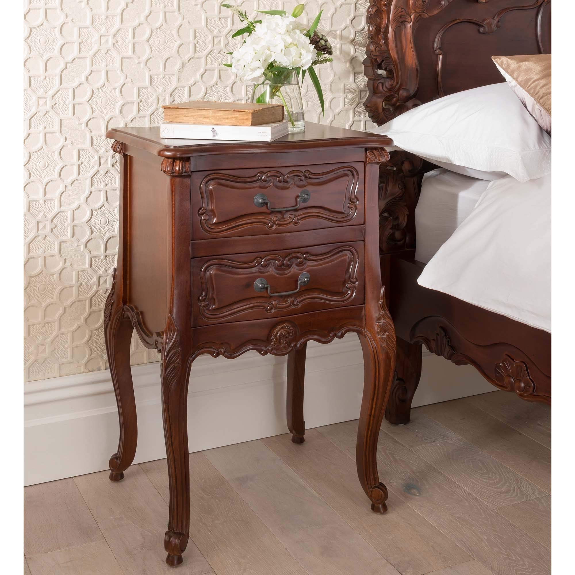 Homesdirect365 Raphael Antique French Style Bedside Table | Handcarved Mahogany Bedside Cabinet | Bedside Tables | Bedside Drawers | Small Bedside Table | Side Tables Bedroom | Nightstand