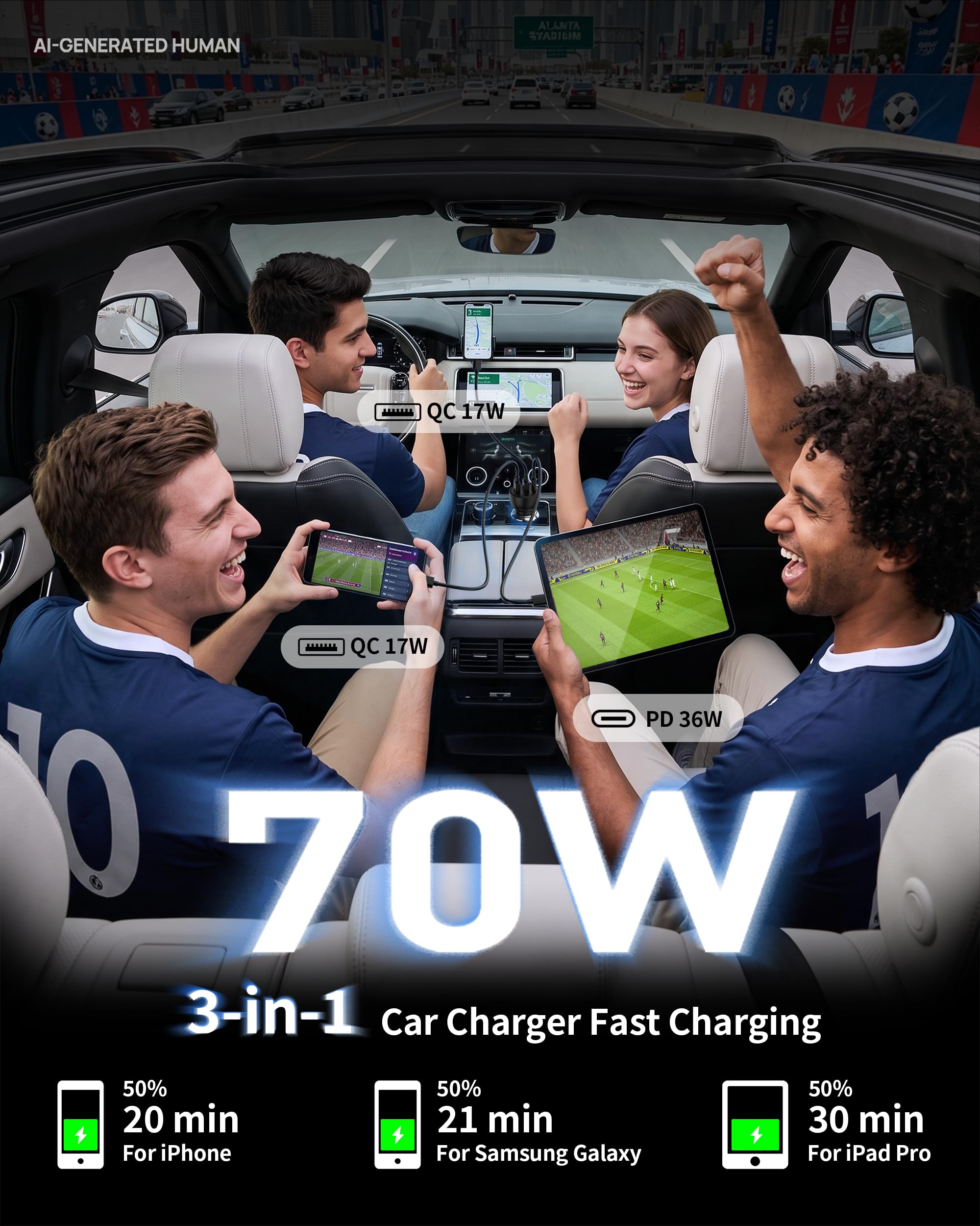 Caricabatteria da auto a 3 porte per iPhone 16/16e/15 Pro Max Plus, 53 W, ricarica rapida USB-C USB-A caricabatteria da auto e cavo da USB C a C per iPhone 15/16e/16, iPad, Galaxy, accessori Android