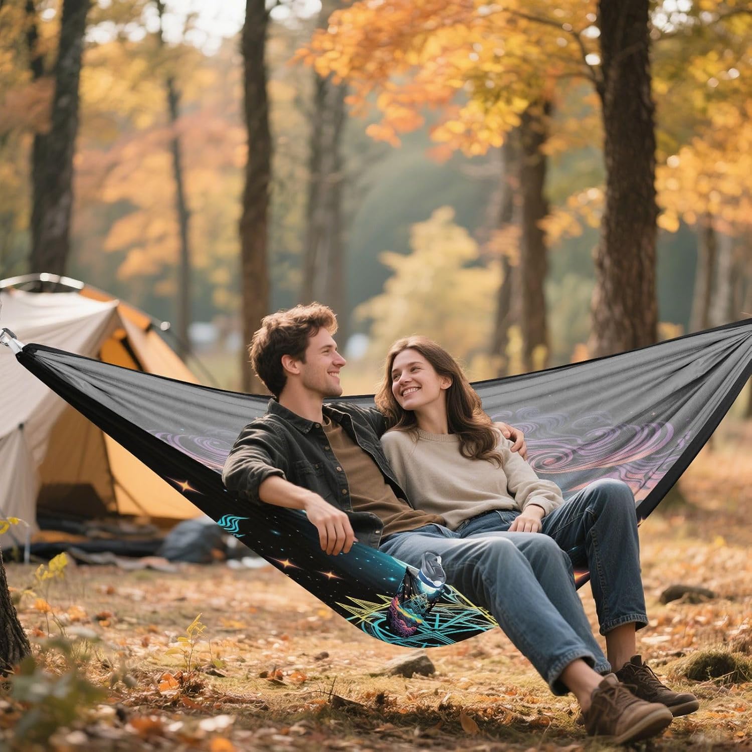 ALAZA Alchemy Moon and Stars Camping Hammocks Single or 2 Person 500 lbs Portable Parachute Travel Hammock w/Tree Straps for Hiking Backpacking Indoor Outdoor