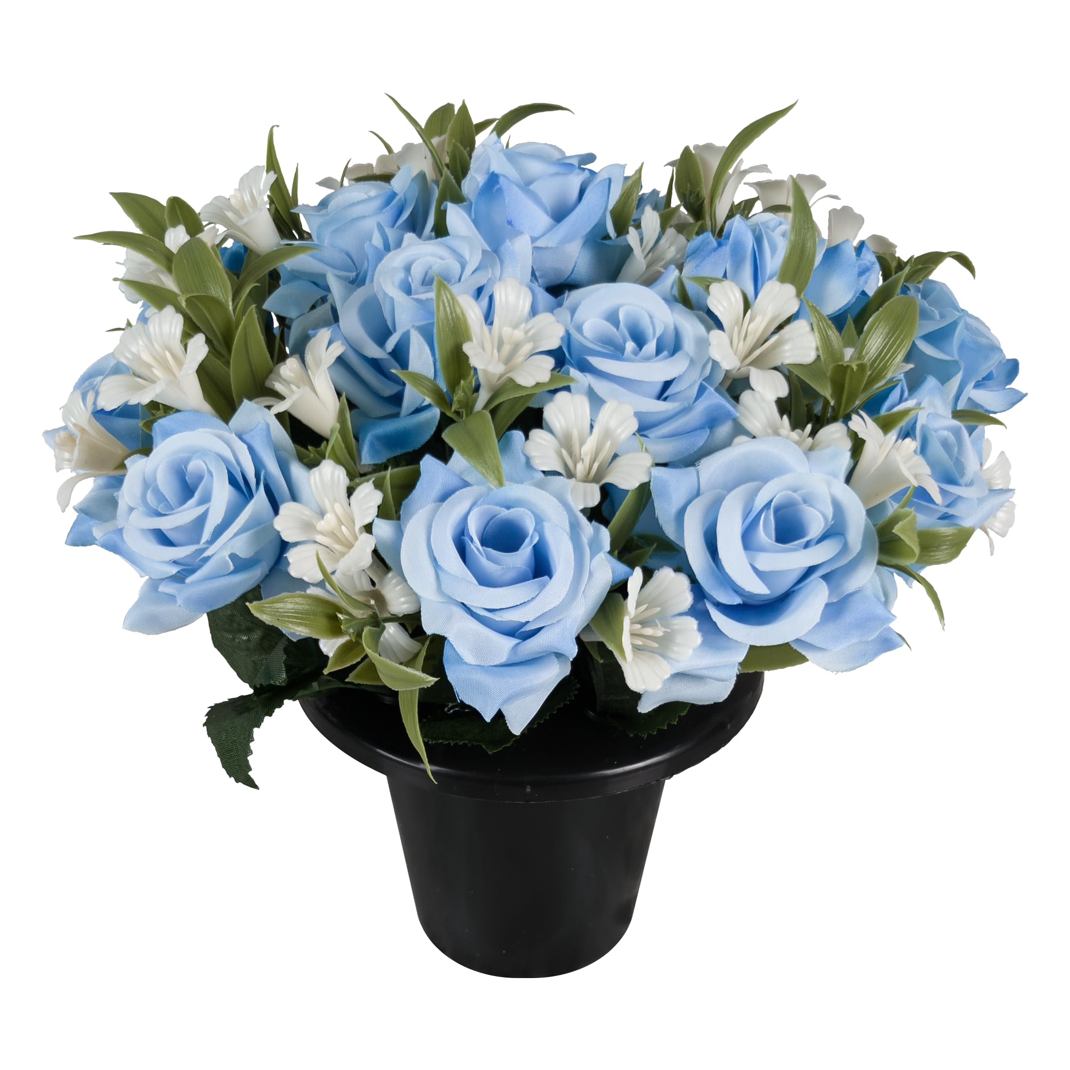 Artificial Flowers for Graves Light Blue Open Roses in Grave Flower Pot