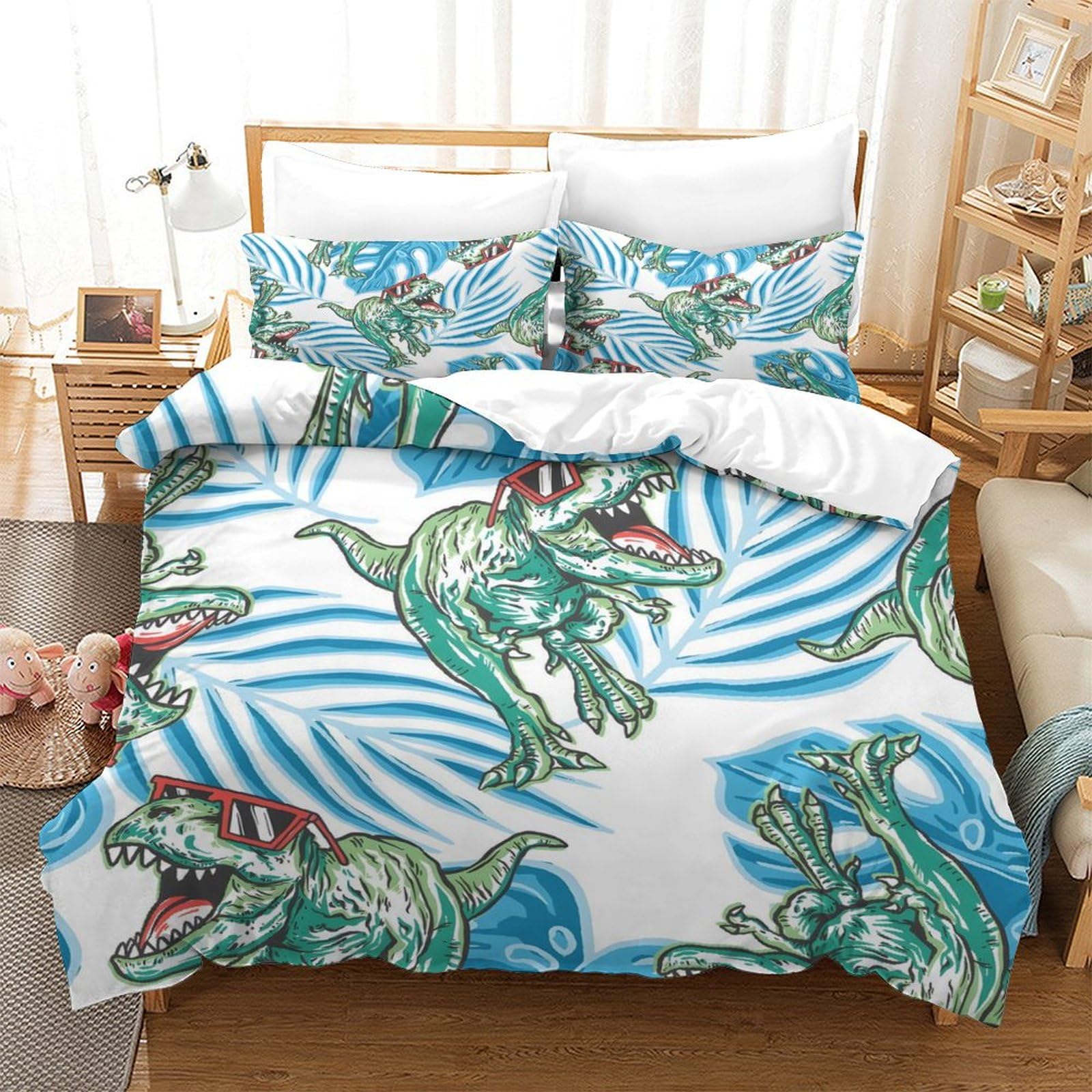 Tropical Leaves - Cartoon Dinosaur 3D Bedding Set Full Size 3Pcs Comforter Set for Kids Boys Girls Breathable Quilt Set with Zipper Closure Ultra Soft Bedclothes, Easy Care Durable Single（140x200cm）