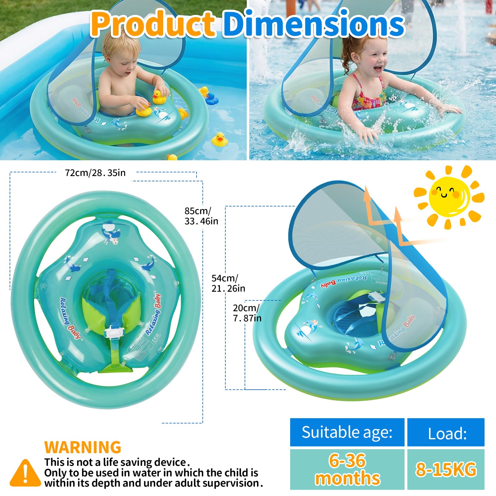 Flotador Bebe con Sombrilla Ninonly Flotador Niño Inflable de Doble Anillo Seguro con Protección UV 50+, Asiento Ergonómico para Piscina Bebe y Playa Ideal Piscina Niño de 6 a 36 Meses