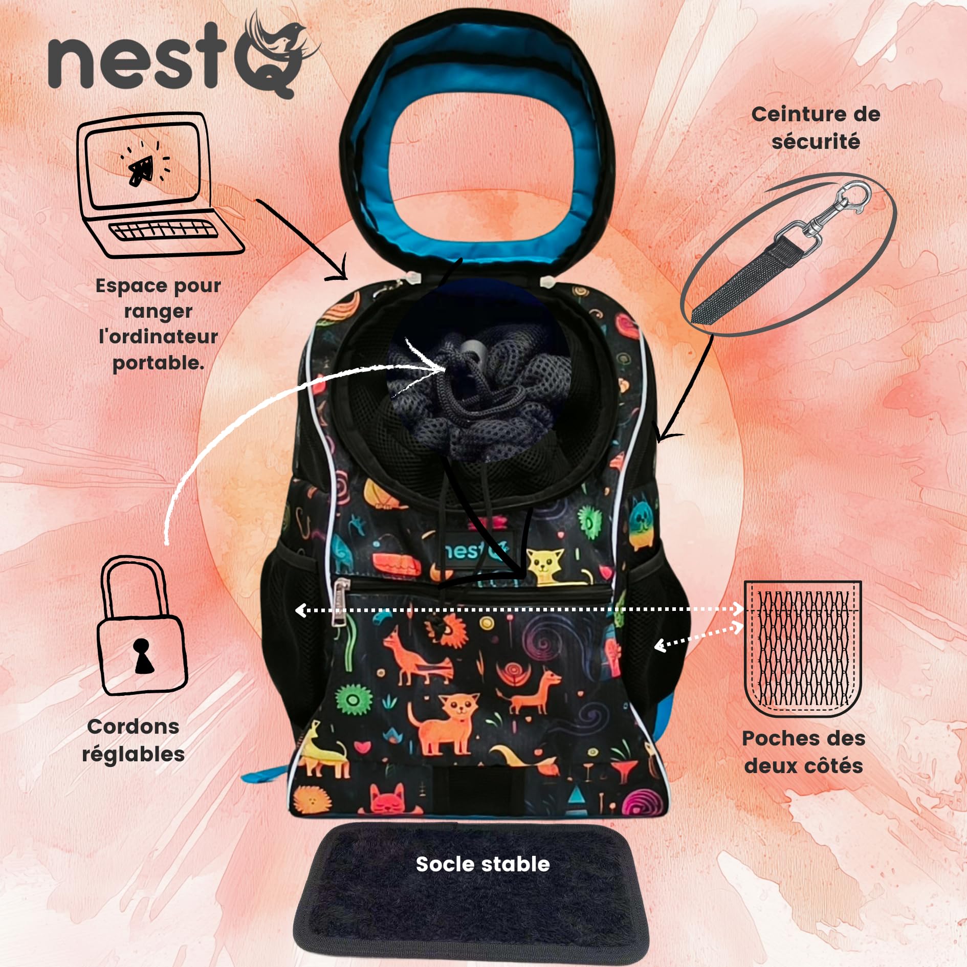 Sac à dos pour petits animaux de compagnie tels que chiens et chats jusqu'à 3 kg - Protection de la tête - Sac de voyage, transport chiots - Taille 43 x 30 x 20 cm