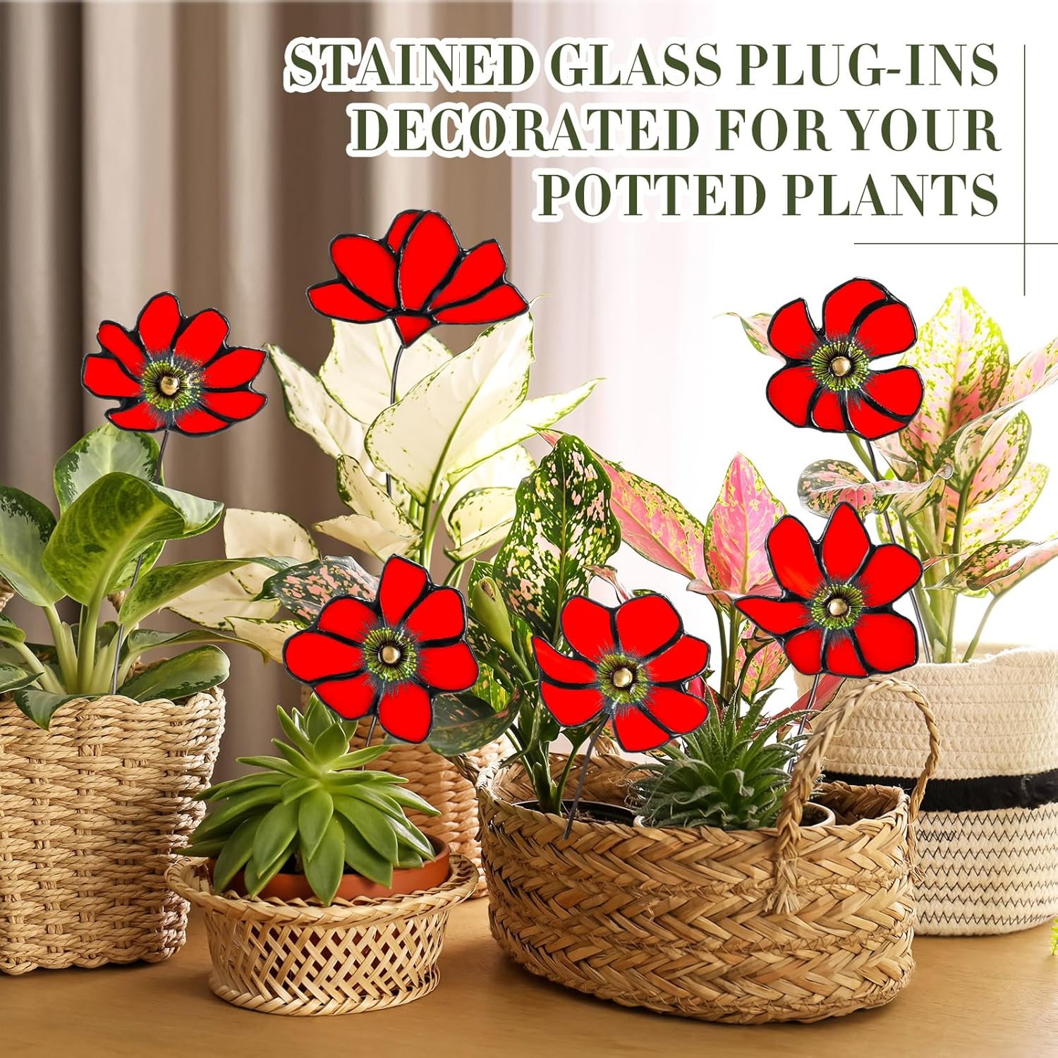 6 Pcs Stained Glass Flowers with Stems 17 Inch Red Bouquets Flower Faux Flower Floral for Mom Valentine's Day Gifts, Home Decor(No Vase)