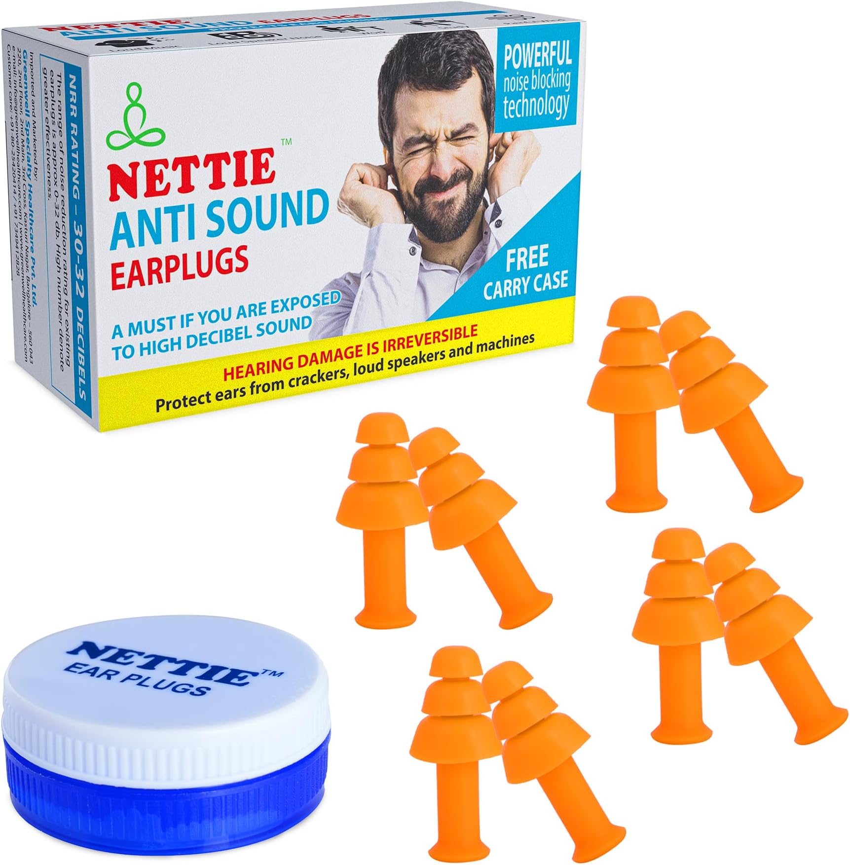 NETTIE Anti Sound Earplugs - 4 Pairs of Reusable Silicon Earplugs with Free Carry Case - 32dB NRR - Perfect for Sleep, Study, work, Concerts, Travel, and More – Value Pack