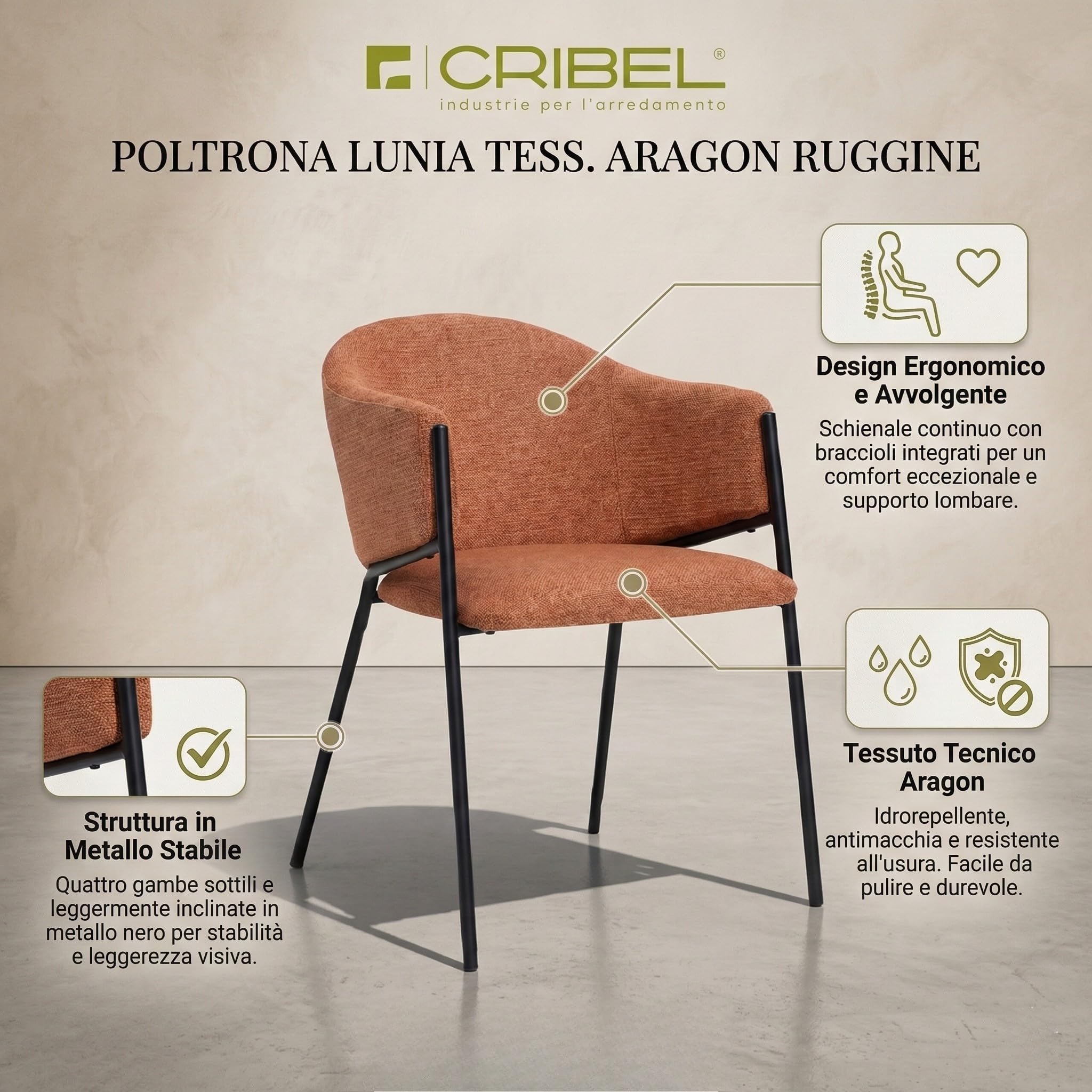 Cribel LUNIA Set di 2 Poltrone Moderne Imbottite Ruggine in Tessuto Aragon, Schienale Avvolgente con Braccioli Integrati e Gambe Nere in Metallo 52x60x78 cm