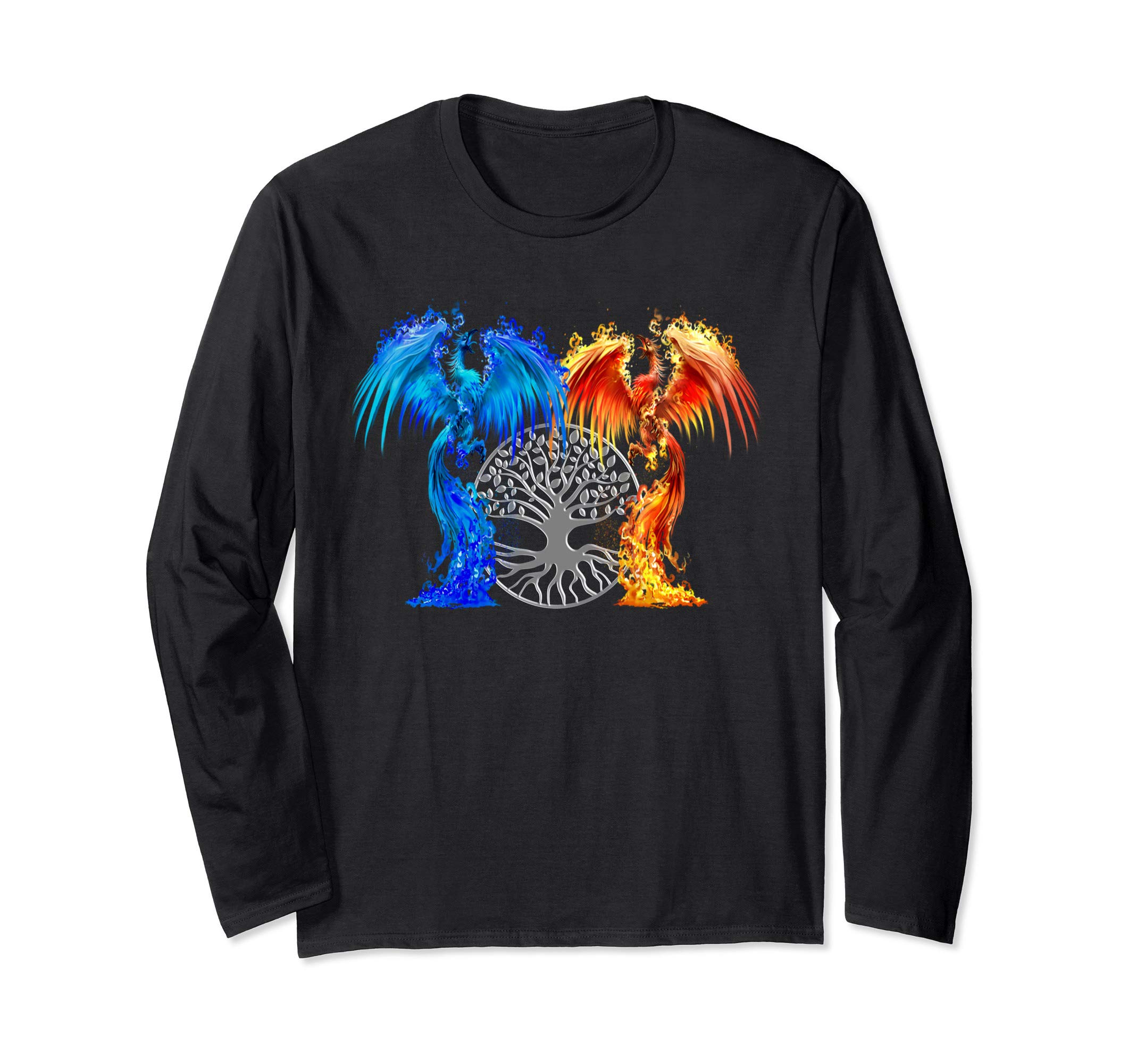 AtteestudeFantasy Fire And Ice Phoenix Gray Tree Of Life Long Sleeve T-Shirt