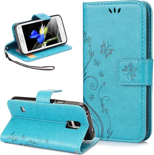 Custodia Galaxy Neo Cover Galaxy S5 ikasus Goffratura Arts Farfalla Fiore Immagine Flip Cover Portafoglio Pelle Protective Wallet Stand Custodia Cover per Galaxy S5 S5 Neo Piccola Farfalla Blu
