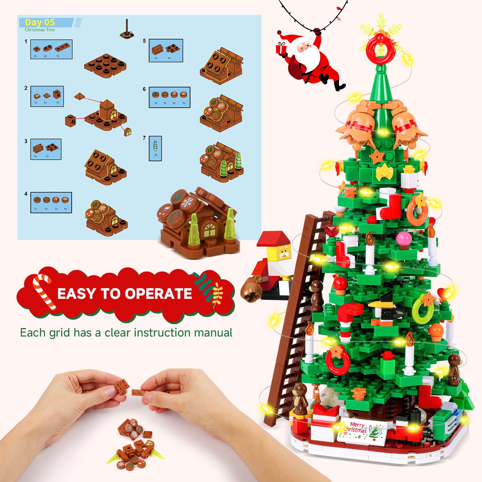 PITMT Calendario Avvento 2025 Bambini, 24 Giorni Calendario dell'Avvento Blocchi da Costruzione Albero di Natale con Luce LED, Calendario dell Avvento Giocattoli Regalo di Natale per Bambino Bambina