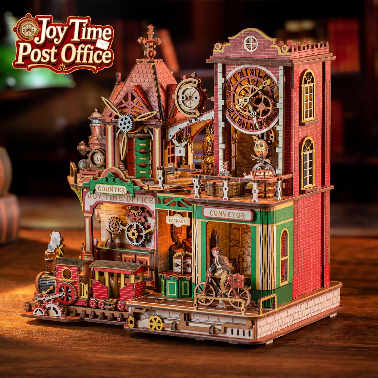 Spilay 3D Puzzle, Joy Time Post Office Holzmodell mit LED | Mechanischer Holz Modellbausatz für Erwachsene, mit Musiklautsprecher, Miniatur Bausatz, Schreibtischdeko Geschenk