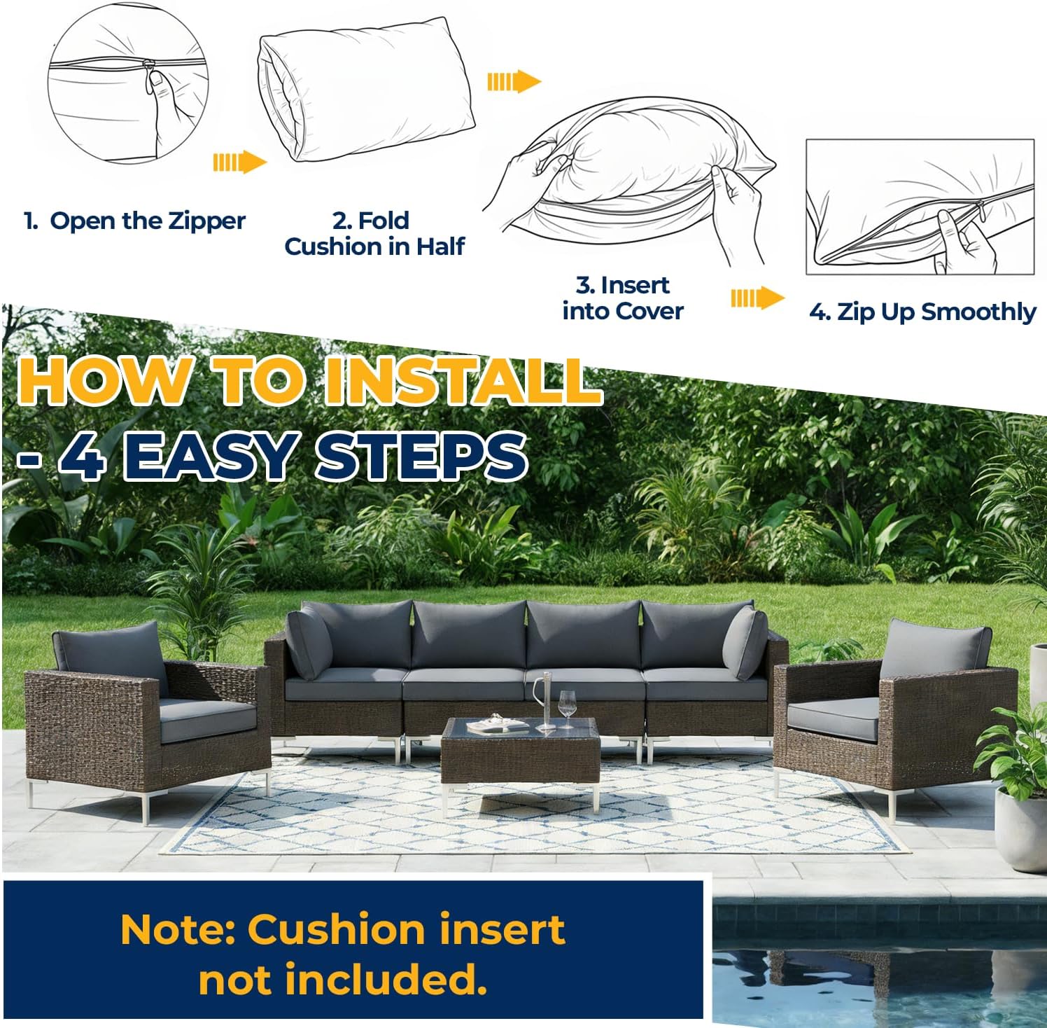 HOMREST 14-Piece Outdoor Cushion Covers Set for Patio Furniture, Reversible Double-Sided Sofa Slipcovers with Zipper, Water-Repellent Replacement Covers Only (Grey, 25.6×25.6×3.9in)