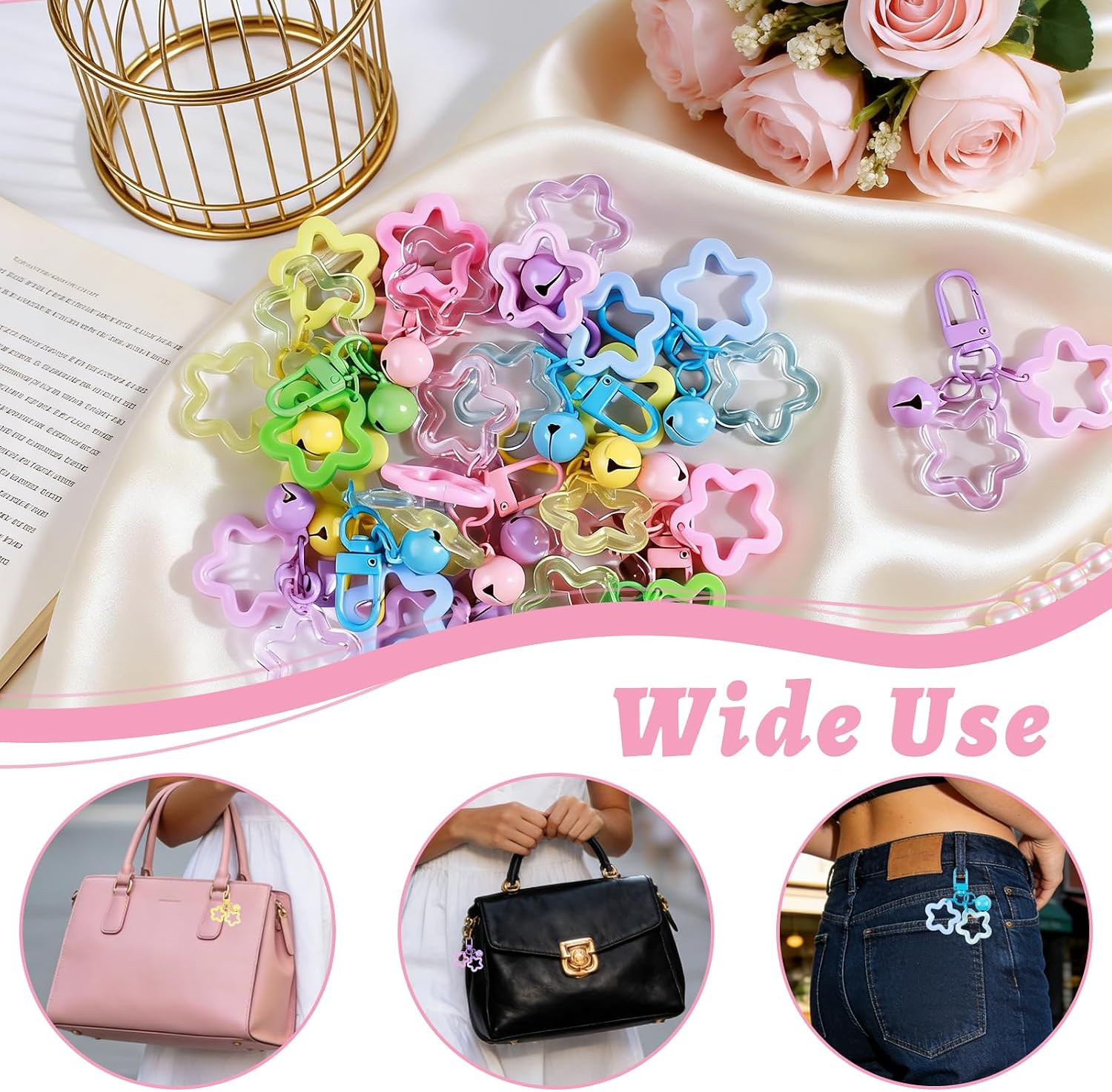 20 Pcs Star Keychain Set Candy Color Acrylic Keychain Charms Bulk with Bell Pendant for Keys Purse Bag Backpack Keychain Charms for Women Girls Green Blue Pink Purple Yellow
