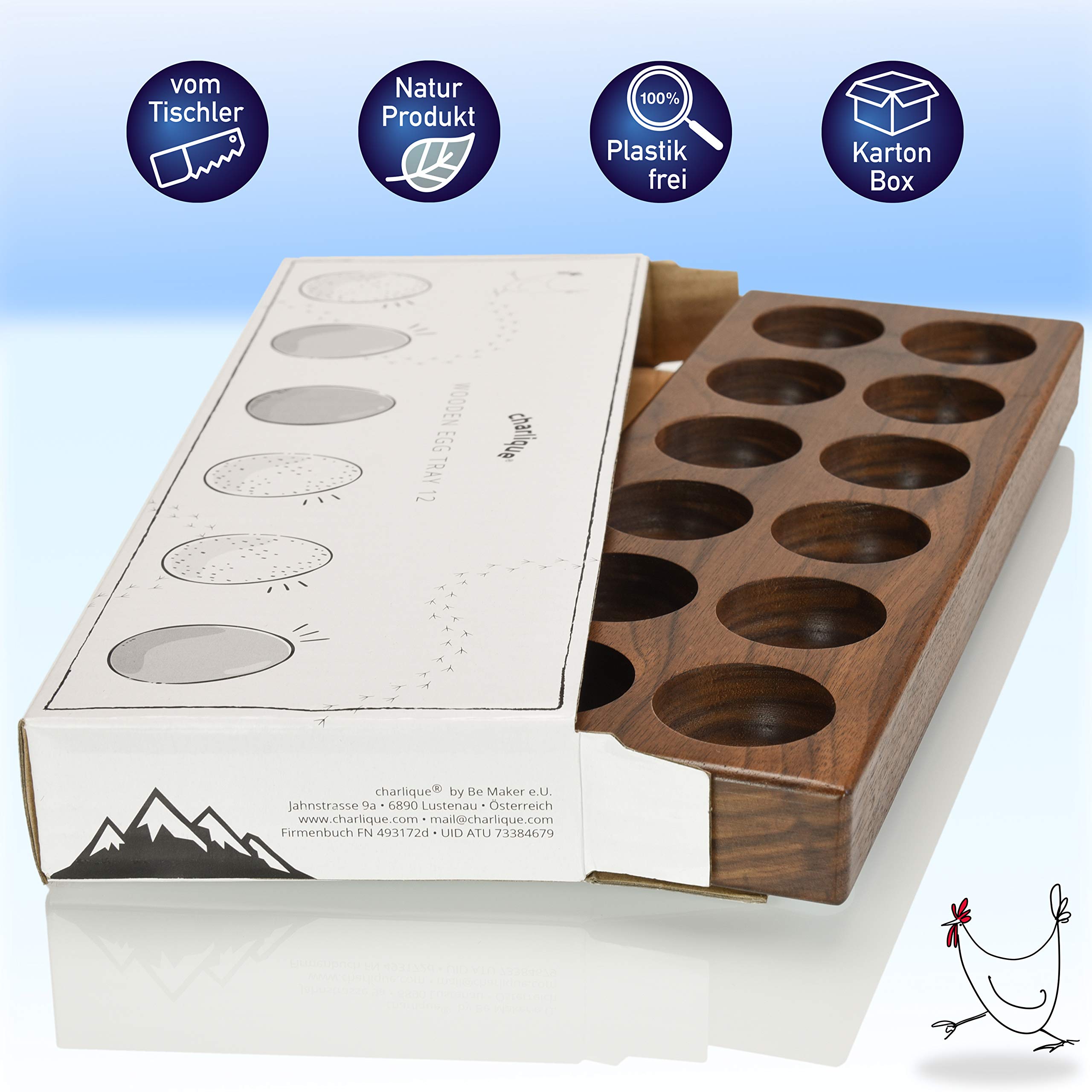Huevera – Huevera hecha a mano para 12 huevos – Almacenamiento de huevos de lujo – Tu ingenioso soporte para huevos de madera maciza de nogal – Apto para nevera