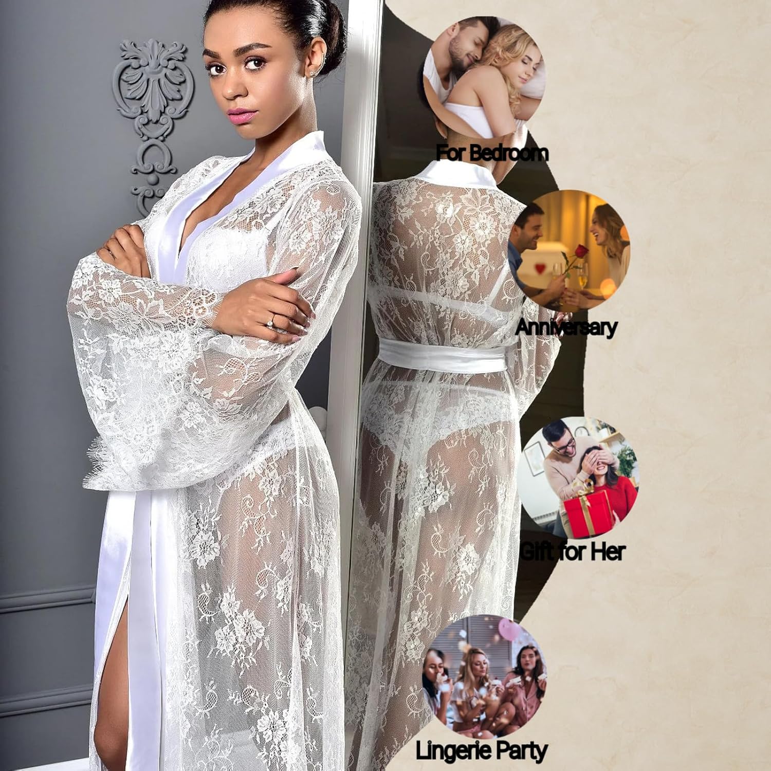 BIGFOX Women Kimono Robes Sexy Long Lace Nightgown Sheer Night Gowns Beach Cover Ups Sleepwear Summer Loungewear - Image 7