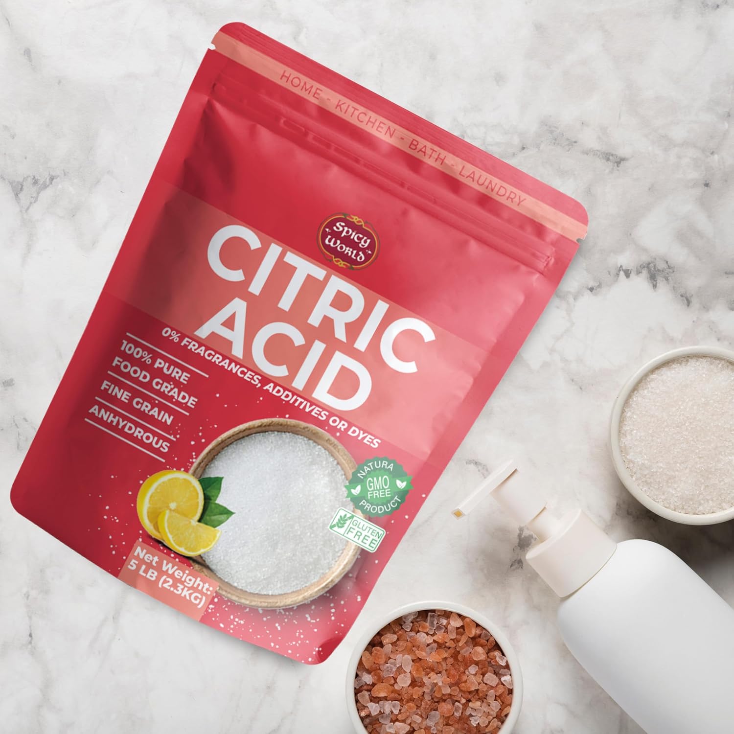 Pure Citric Acid 5 LB Bulk Bag - 100% Natural, Food Grade, Non-GMO - Citric Acid Powder for Cleaning, Bath Bombs, Preserving | Fine Granular | Premium Quality by Spicy World