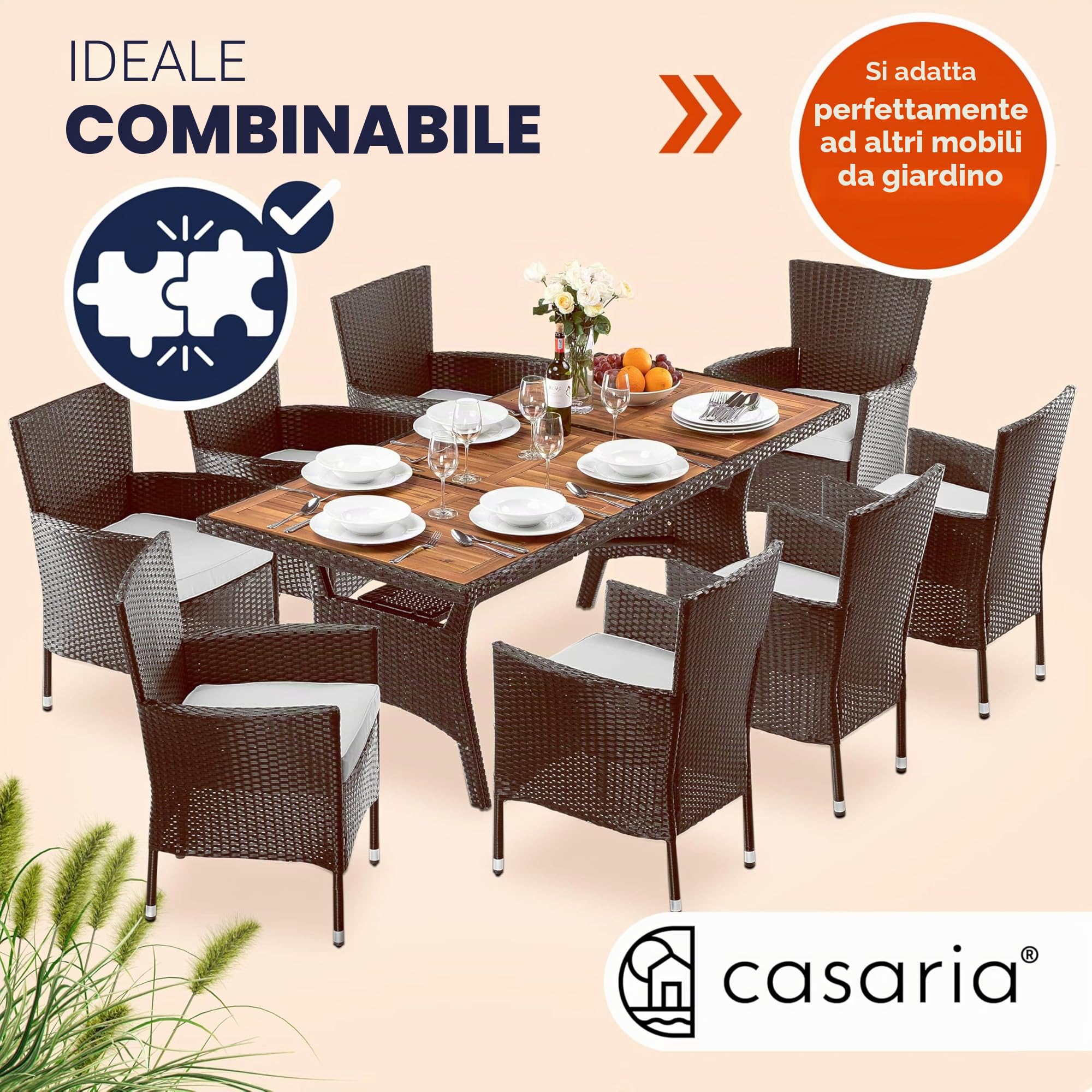 Casaria Tavolo da Giardino in Polyrattan Ripiano in Legno di Acacia 190x90x74cm Regolabile in Altezza per Esterno Pranzo Terrazza