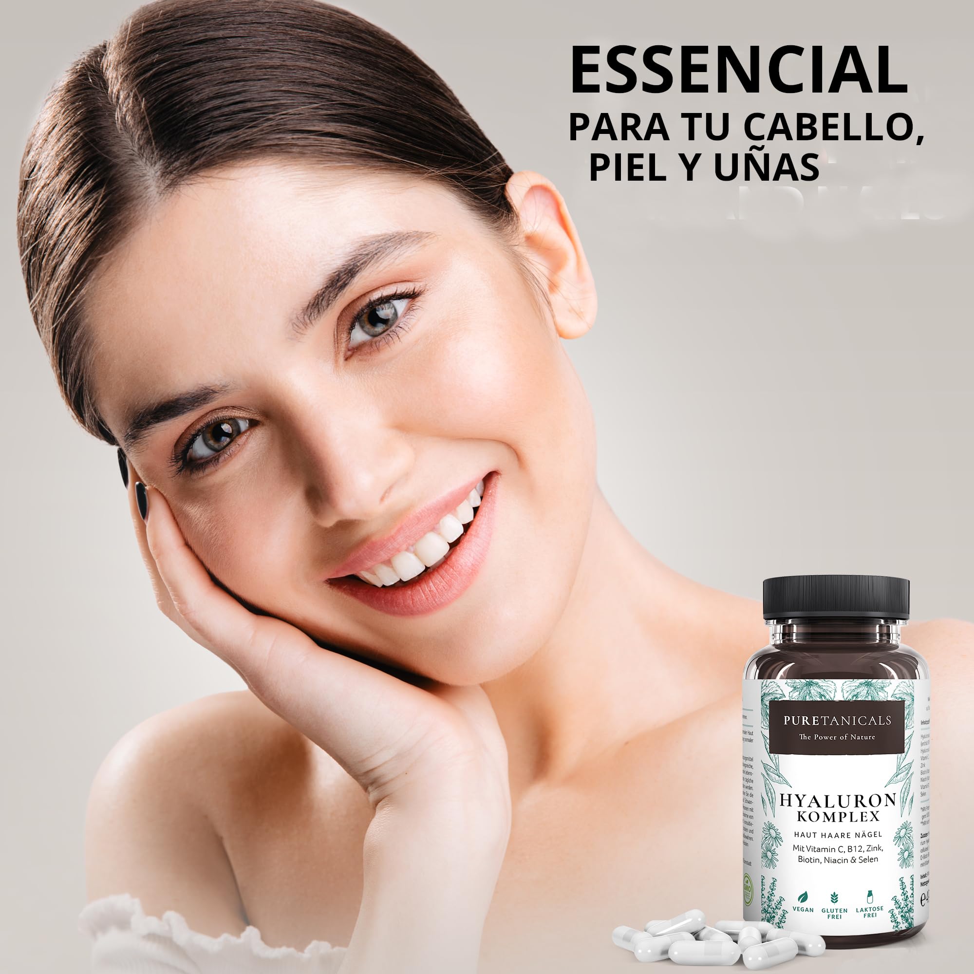 Cápsulas de Ácido Hialurónico Altas Dosis Analizado en Laboratorios - 350mg puro + Vitamina C B12 Zinc Biotina Niacina Selenio | Antiedad Piel Cabello | Vegano sin Estearato de Magnesio