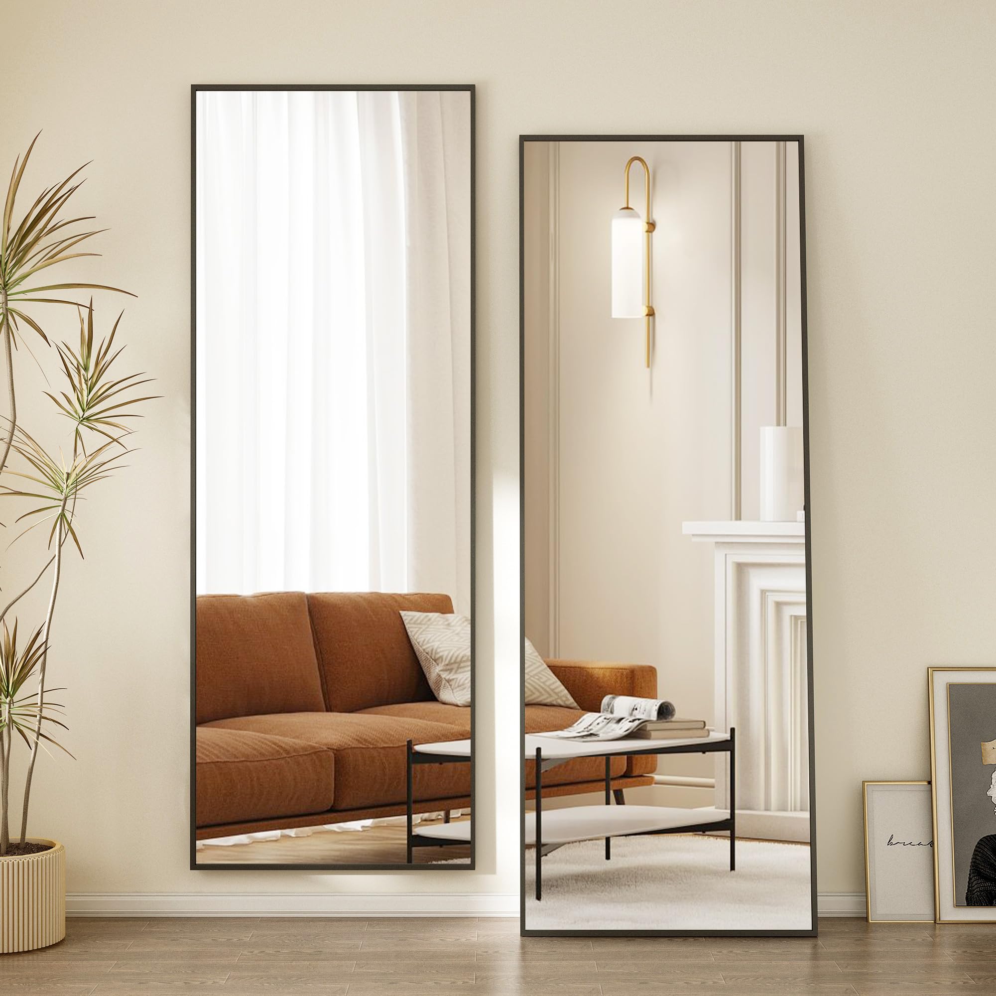 160 x 40 cm minimalistische Rahmen Standspiegel Ganzkörperspiegel, Schwarz Metallrahmen Rechteck Wandspiegel Stehspiegel Standspiegel für Schlafzimmer, Wohnzimmer, Flur und Garderobe