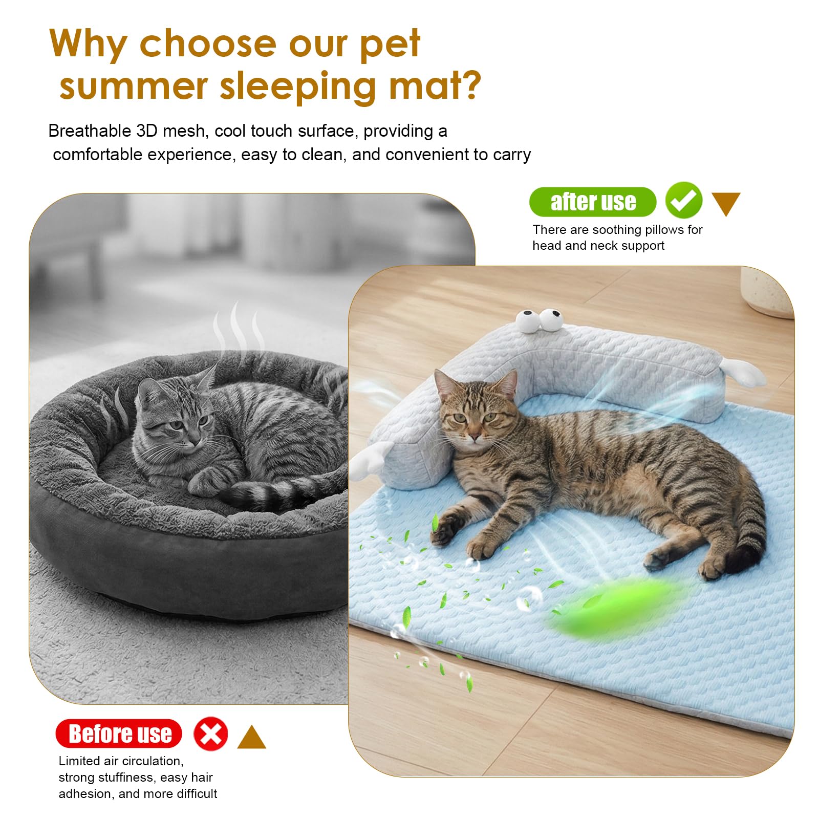 Esterilla de refrigeración para perros y gatos, lavable con almohada, cama para gatos, cama para gatos, cojín de refrigeración de verano, cama lavable para el hogar, viajes y coche (65 x 50 cm