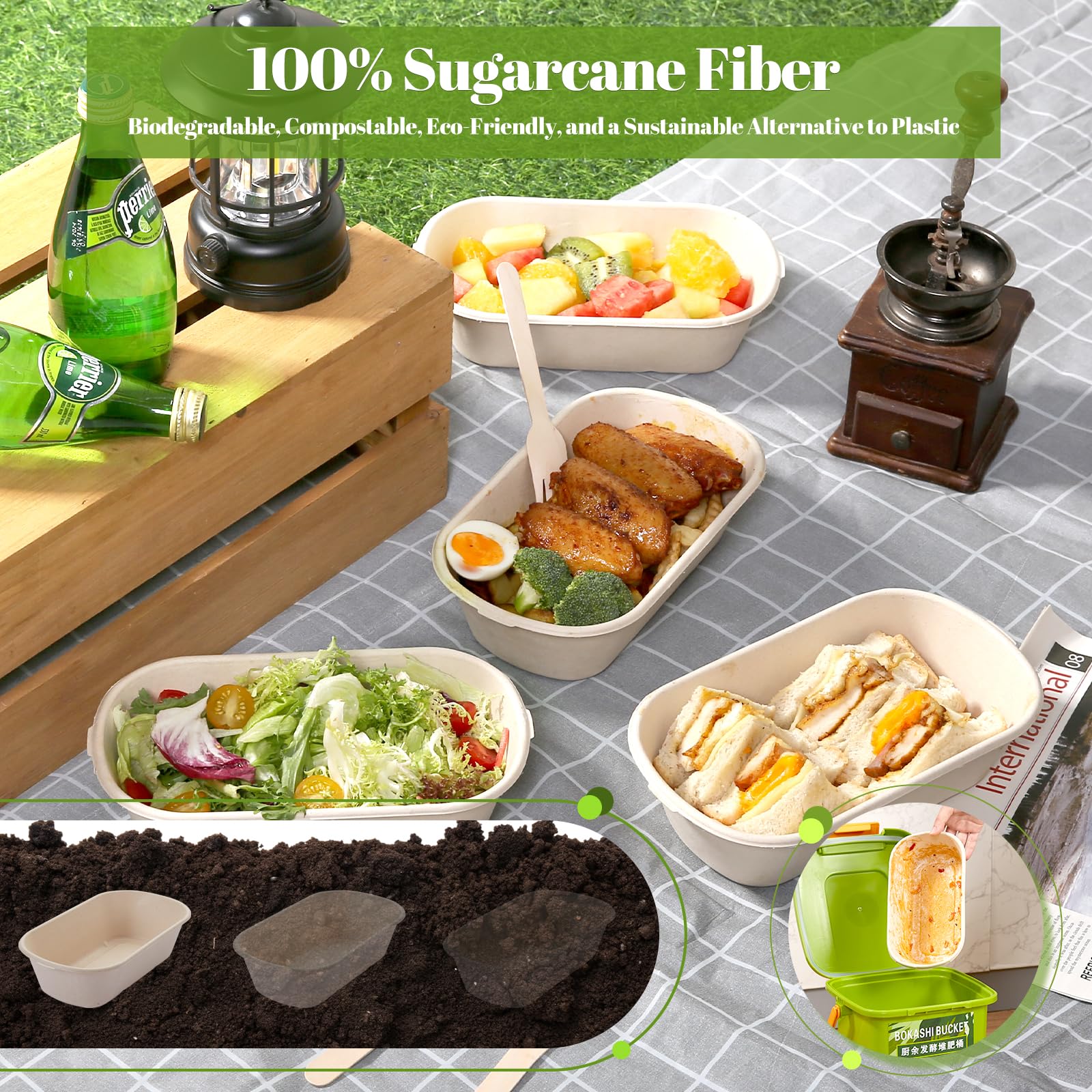 Contenitori per alimenti compostabili da asporto, 100% ecologici, in polpa di canna da zucchero, biodegradabili, adatti al microonde, usa e getta, per insalata, preparazione dei pasti, piatti
