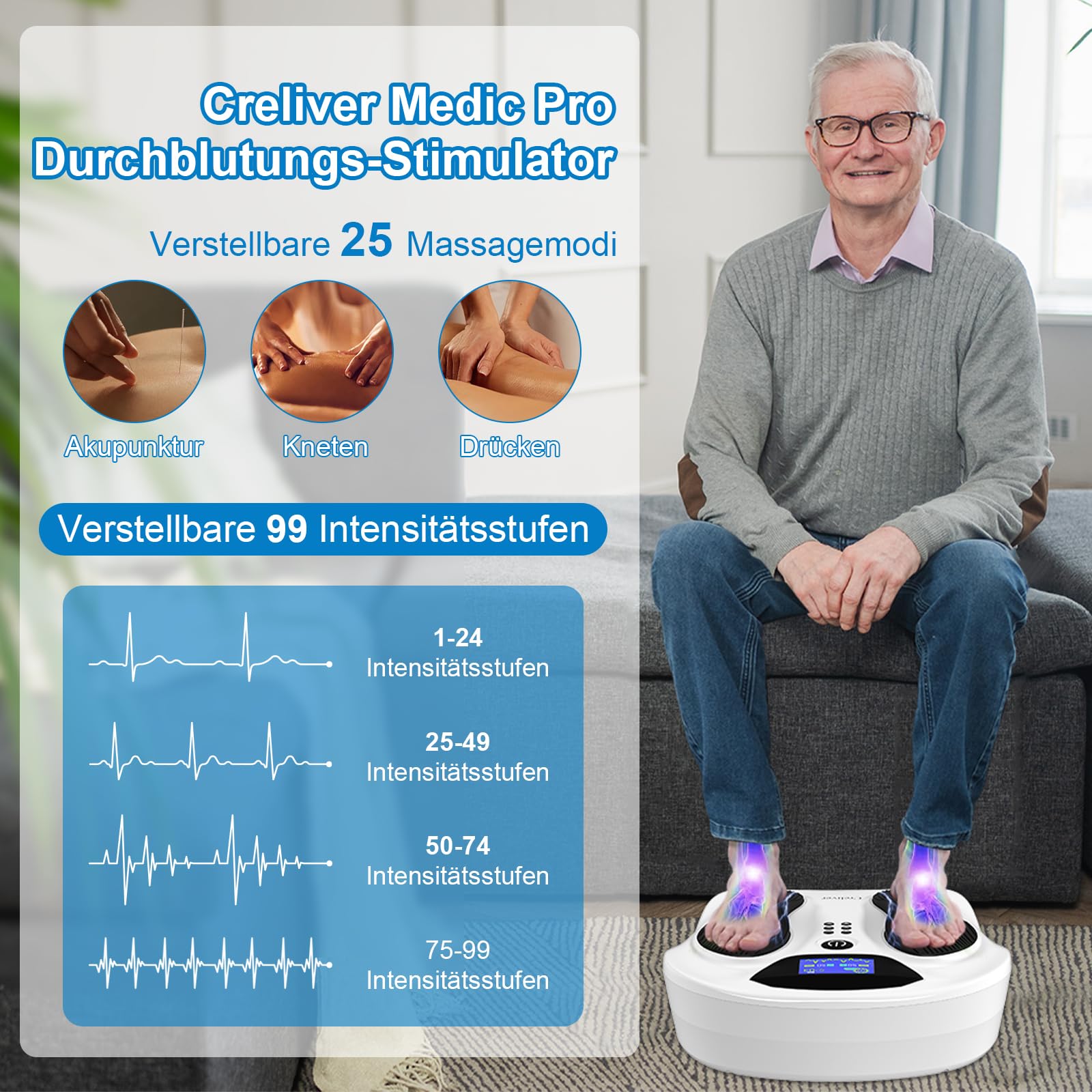 Creliver Medic Pro Durchblutungsstimulator Füße Beine, TENS & EMS Fußmassagegerät, Reduziert Fuß- und Beinschmerzen sowie Schwellungen, Verbessert die Durchblutung