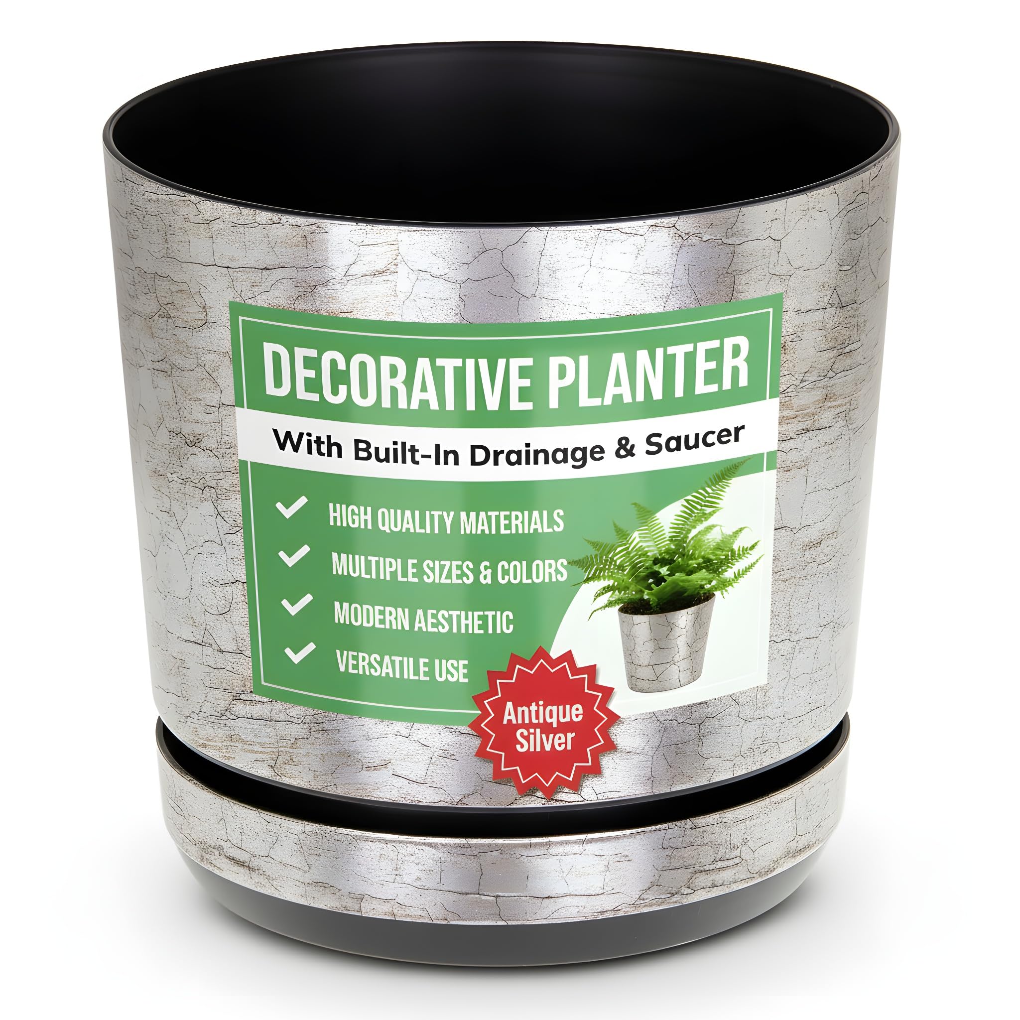 KORAD Antique Silver Indoor Plant Pots, 6 Sizes, Mix and Match Your Decor – Plant Pot Planter with Drainage Holes and Matching Saucer for All Houseplants – Modern Home Decor Round Flower Pot (21 cm)