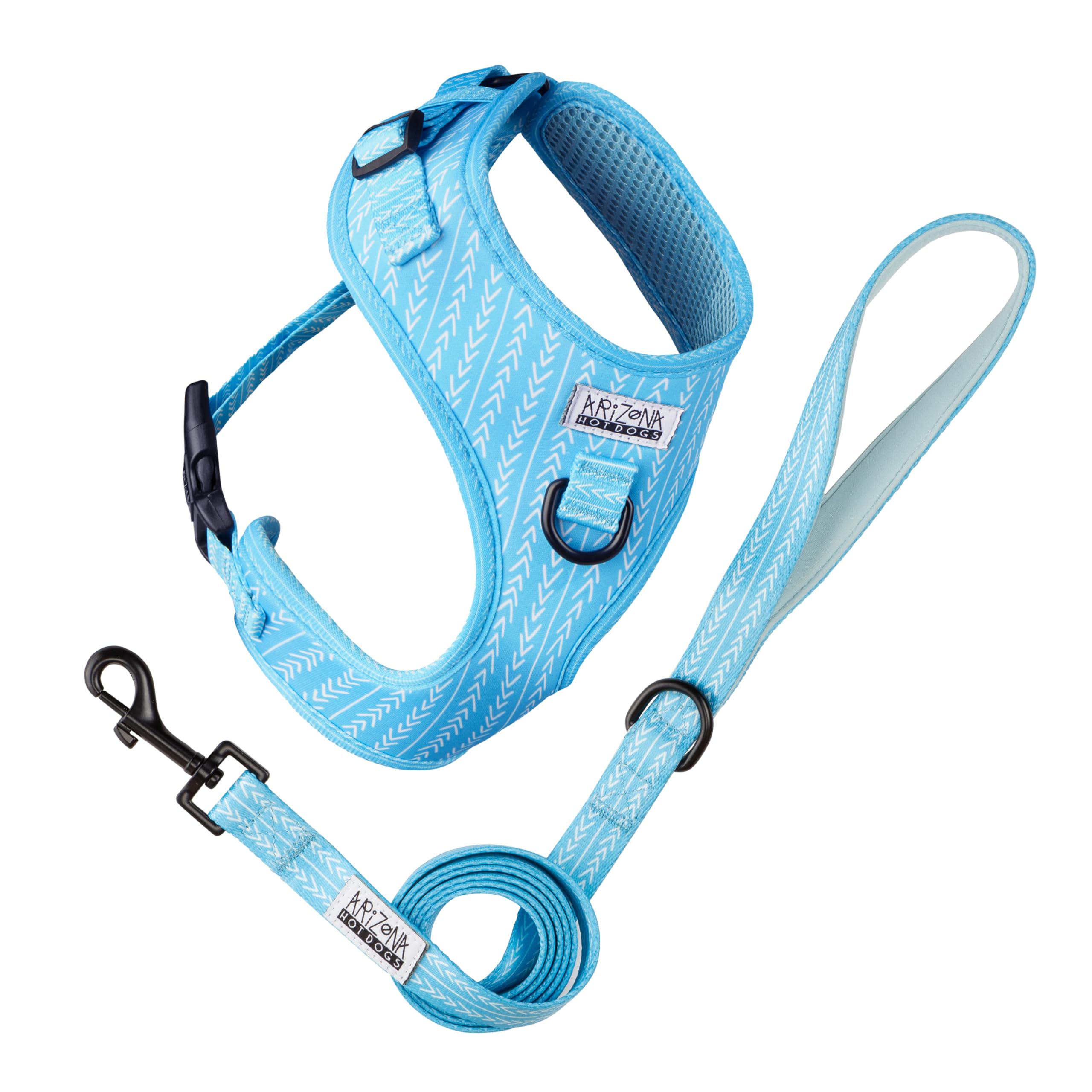 Arnés para perros con correa de 1,5 m para perros pequeños | Arizona Hotdogs Soft Arnés neopreno | Bubble Gum azul con patrón de flechas (S)