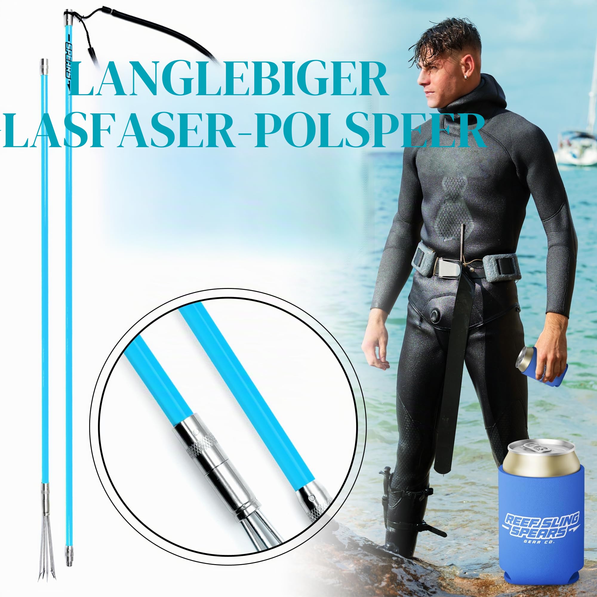 Hawaiian Sling Fishing Speer Set – Reise Fiberglas Pole Speer Harpune zum Speerfischen mit 3 Zinken Paralyzer Spitzen 5' – Angelschnurhalter und Reisetasche enthalten für Speerangelausrüstung