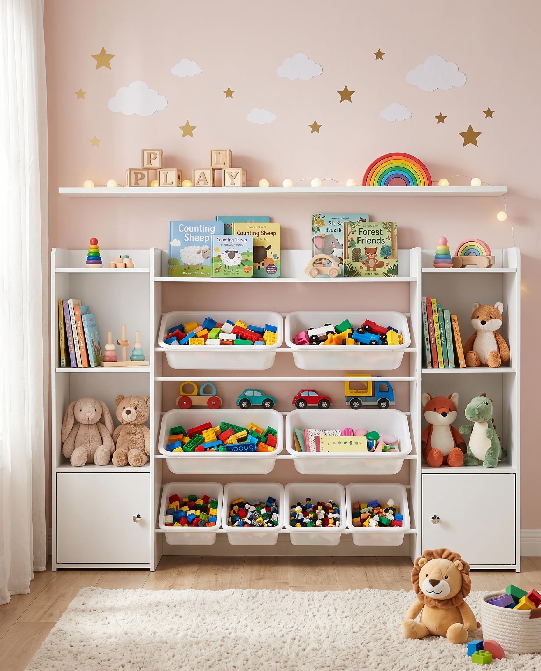 Libreria Montessoriana per Bambini, Libreria Bambini con 8 Contenitori Rimovibili e 2 Armadietti, Scaffale Portagiochi Bambini per Cameretta e Sale Giochi, Bianco, 139 x 30 x 94,5 cm
