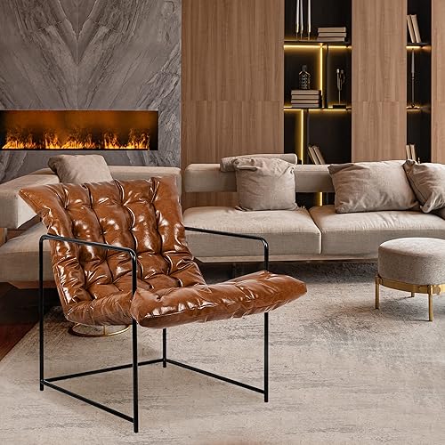 Miniatura 2 de GIA Silla decorativa moderna de mediados de siglo para sala de estar, dormitorio y oficina, juego de 1, tapizada en piel sintética marrón con base