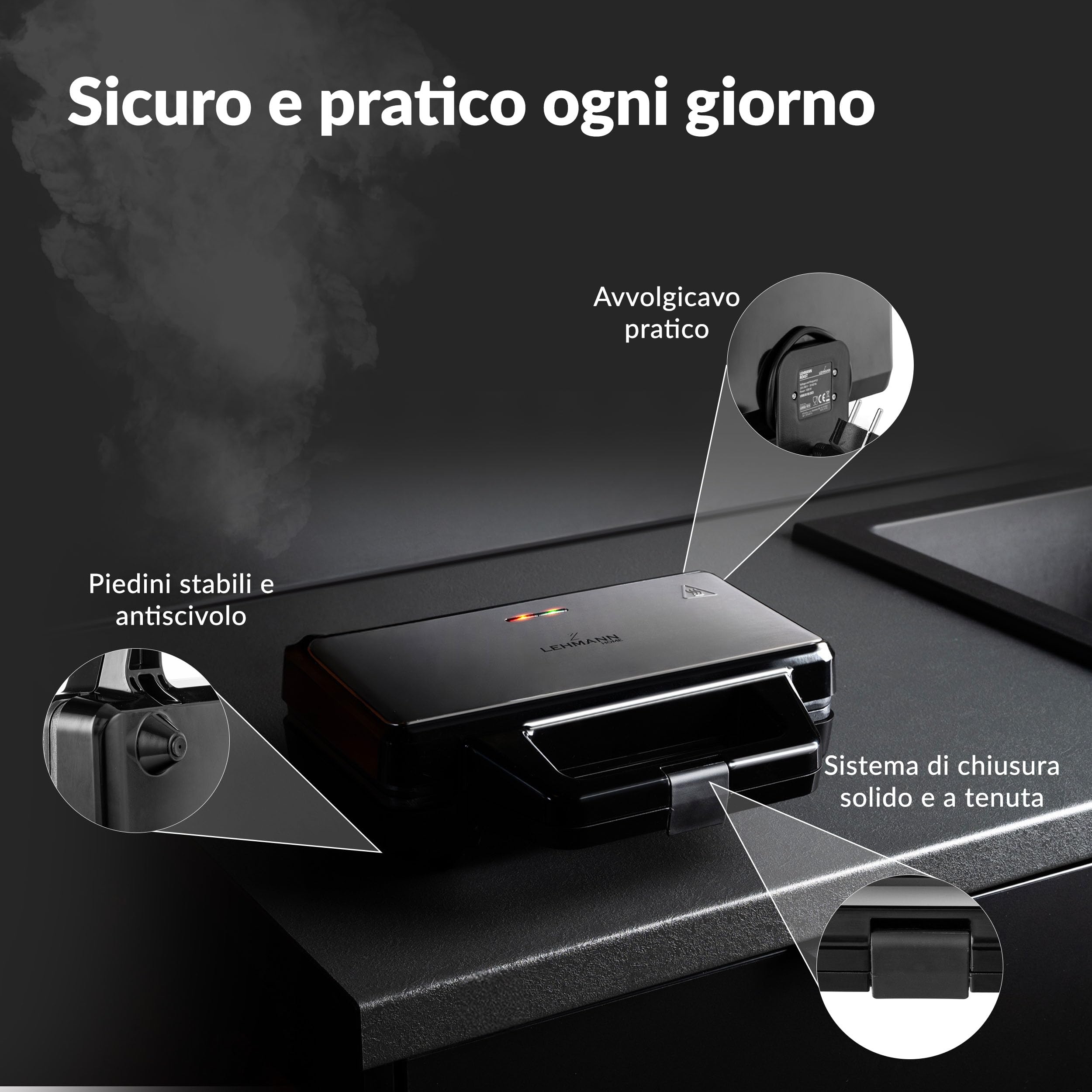 LEHMANN Sandwich Maker XXL – Piastre Extra Grandi – Tostiera Elettrica XXL per 2 Sandwich a Forma di Conchiglia – Antiaderente – Indicatore di Prontezza – Facile da Pulire – 1000W