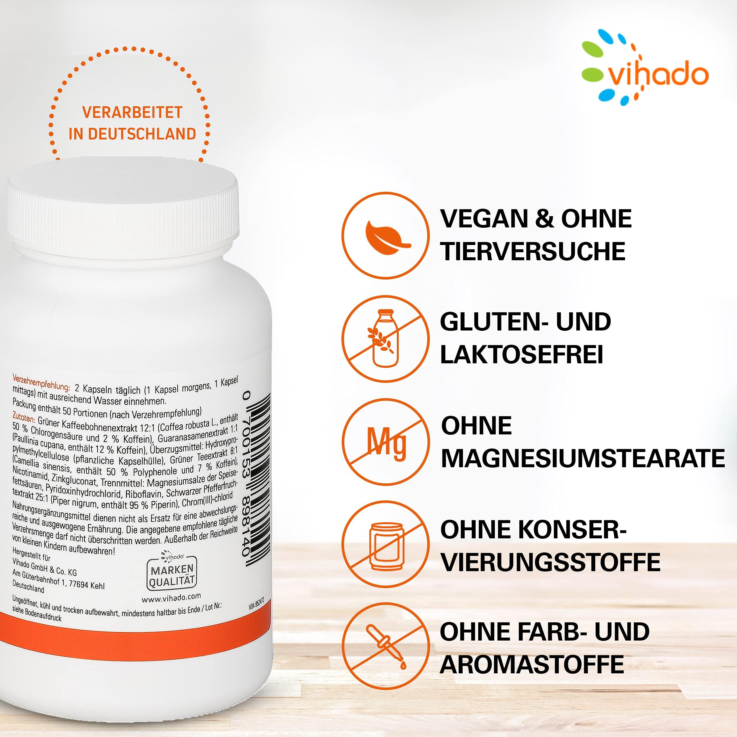 Vihado F-BDY 2.0 – Kapseln für einen normalen Stoffwechsel mit Pflanzenstoffen und Vitaminen – anregend mit Grüner Kaffee Extrakt – normaler Kohlenhydrat- und Fettsäuren-Stoffwechsel mit Zink