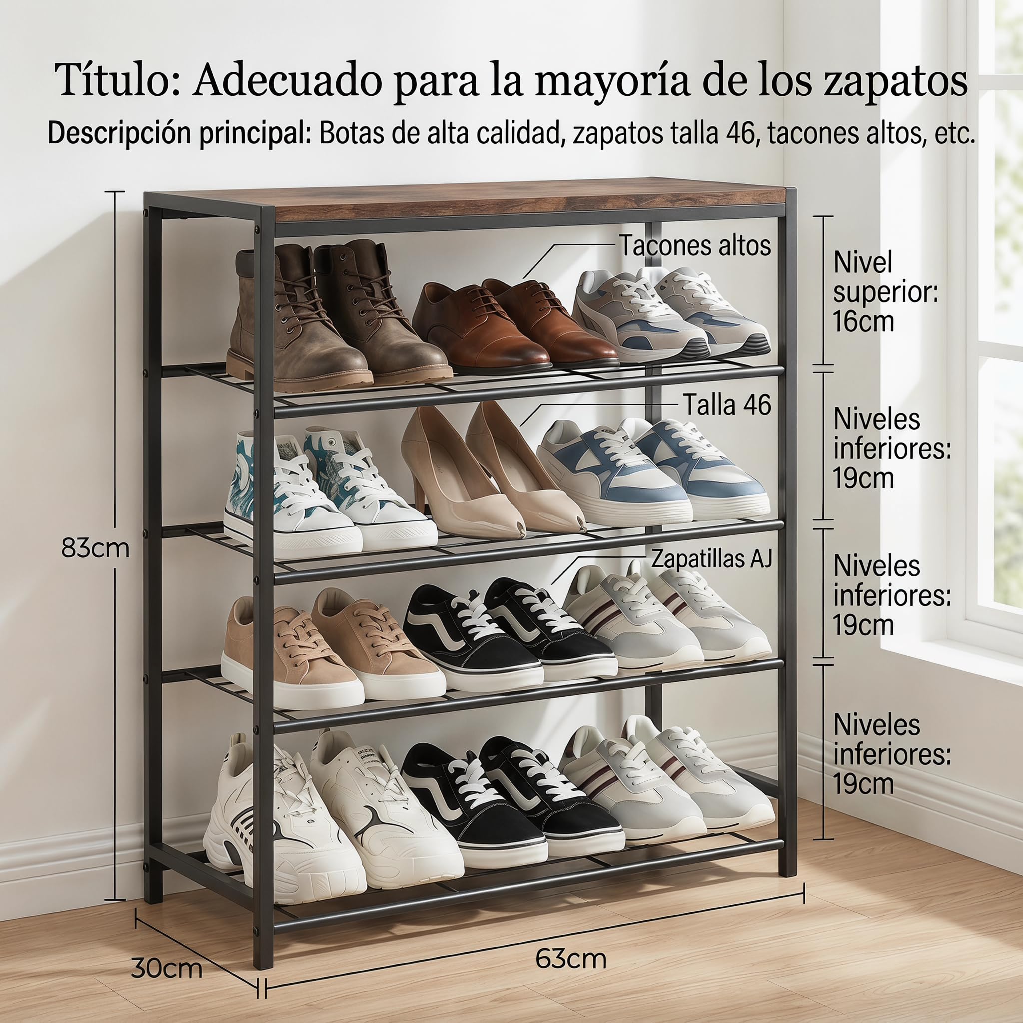 Zapatero Recibidor de 5 Niveles con Estante Superior - Mueble Zapatero Estrecho y Alto, Estantería de Metal Vertical Ahorro de Espacio para Entrada, Estilo Industrial, 63 x 30 x 83 cm