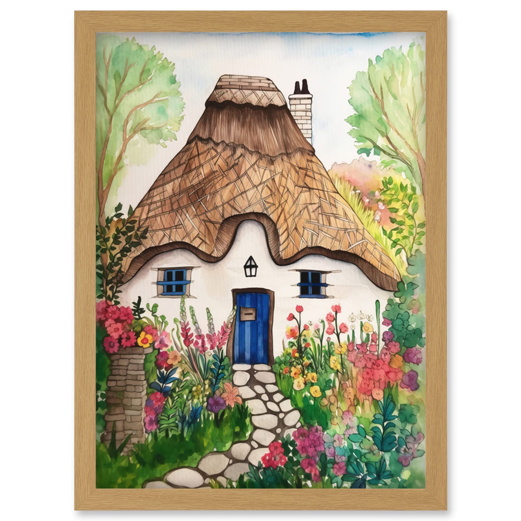Artery8 The Cottage In The Forrest Flowers Folk Art Artwork Framed Wall Art Print A4