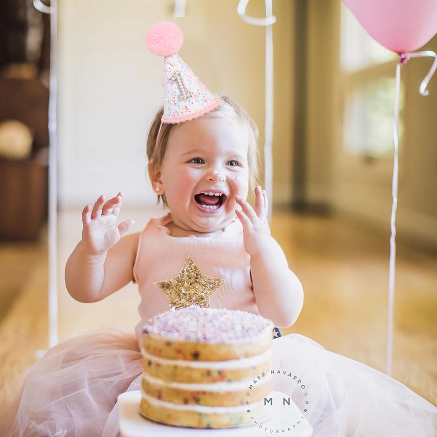 Pink 1st Birthday Hat - Confetti First Birthday Decor, Sprinkle Photo Prop - Image 2