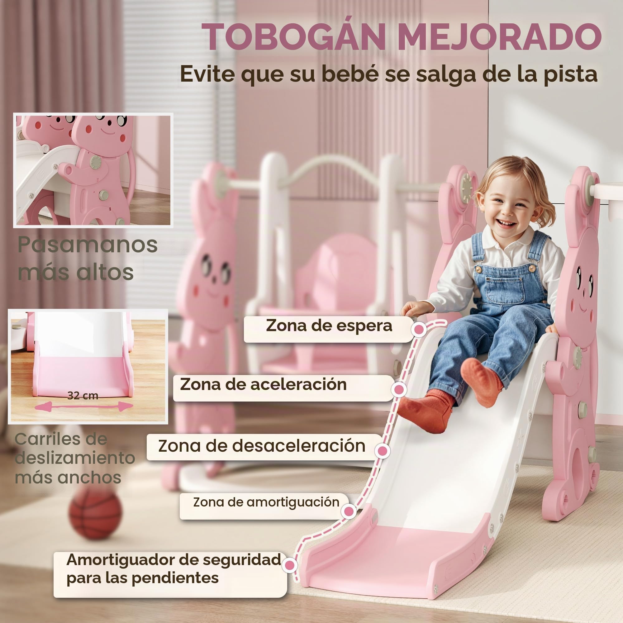 AIYAPLAY Tobogán y columpio 4 en 1 para niños, parque infantil para niños pequeños con estructura de escalada, canasta de baloncesto, tobogán, columpio, diseño de conejito, para interiores y
