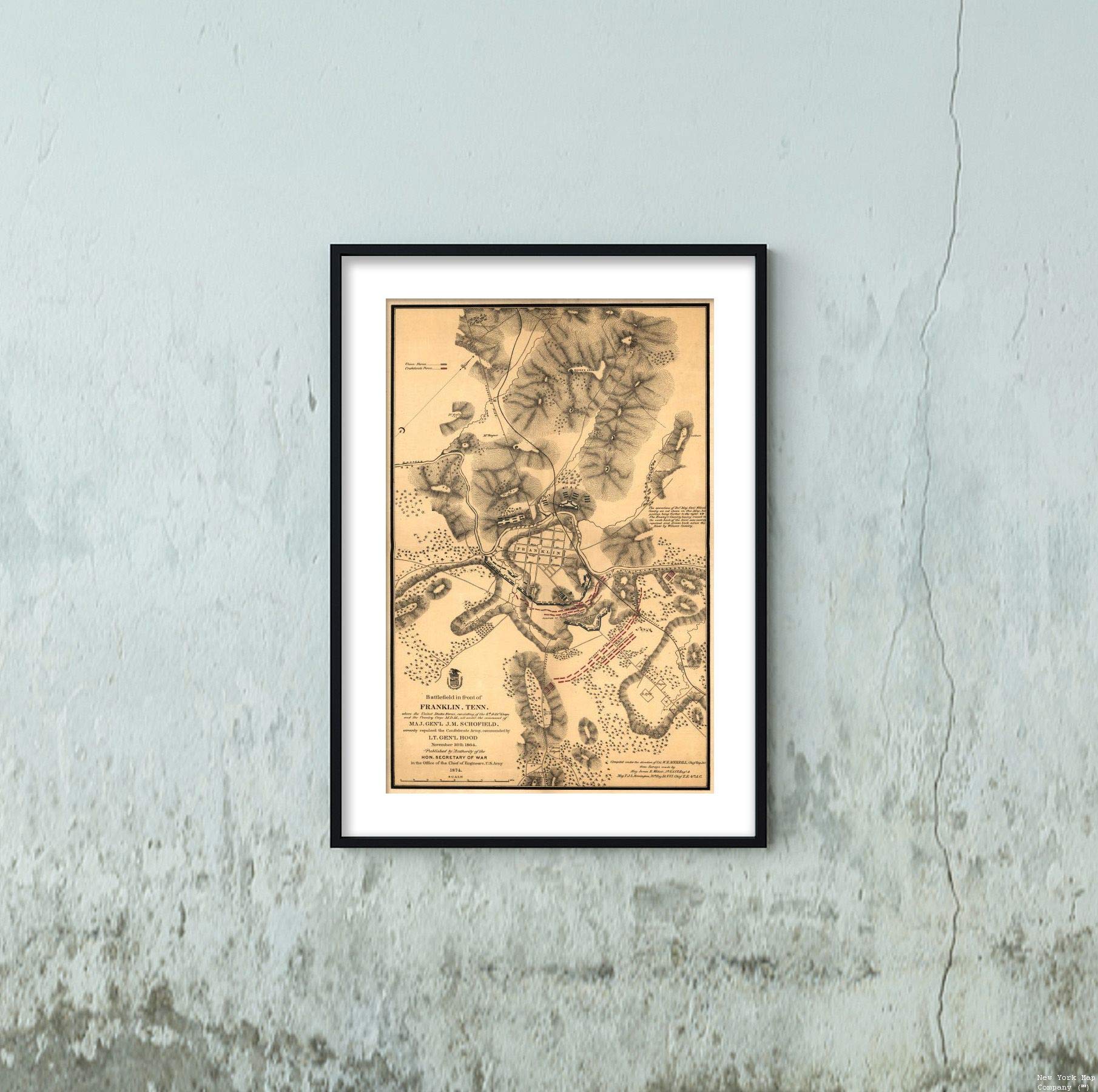 Franklin, Tennessee Battlefield|Civil War Map Shows Troop Positions, Roads, Railroad, Houses, Names of Residents, Fences, Drainage, Vegetation, and Relief by hachures|16x24 Wall Map