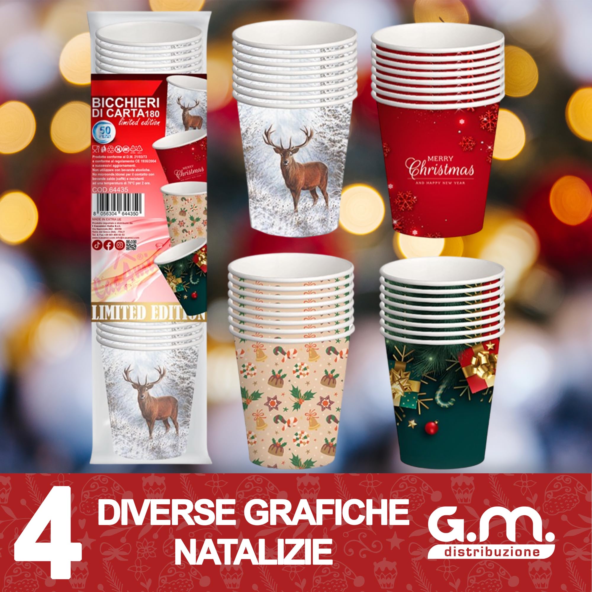 2000 Bicchieri d' Acqua in Carta Natalizi 180 ml, Biodegradabili Biocompostabili, Usa e Getta, 4 Colorazioni, Ideale per Casa, Ufficio, Asporto Bevande Calde Natale