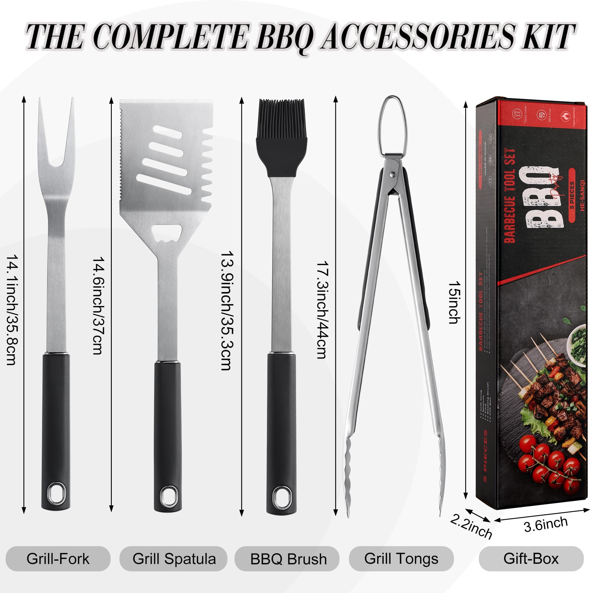 5 accesorios para barbacoa, herramientas de parrilla, accesorios de parrilla resistentes, accesorios de parrilla, juego de herramientas de parrilla con espátula, tenedor, pinzas, cepillo y caja de