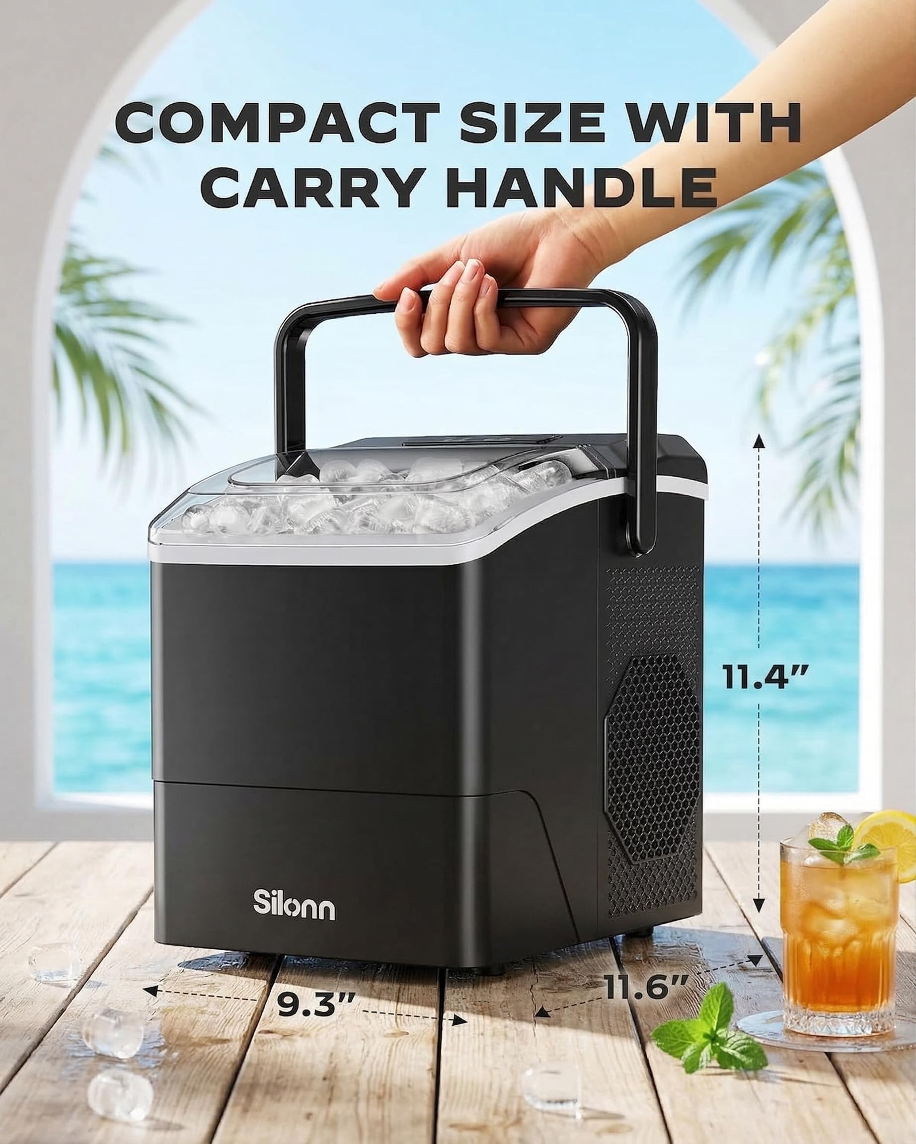 Silonn Countertop Ice Maker, 26 Lbs/Day Fast Ice In 6 Mins, Compact Self-Cleaning Ice Machine For Home, Kitchen, Office & Parties, Black on Fridge.com - View 6