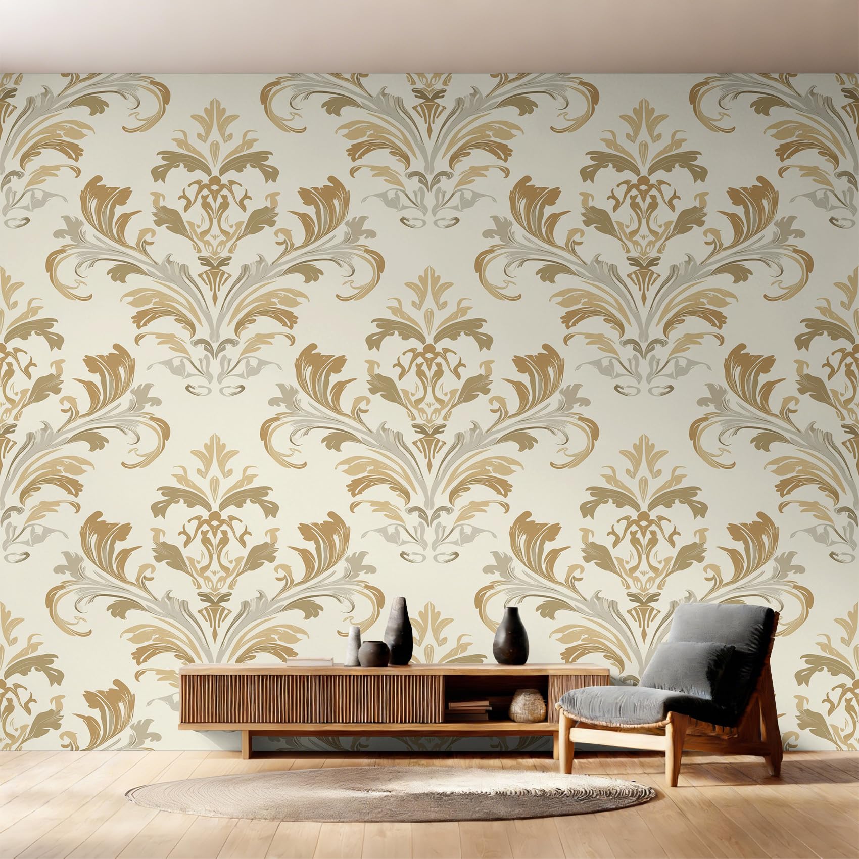 Papier peint baroque jaune intissé damas vintage 350x256 cm