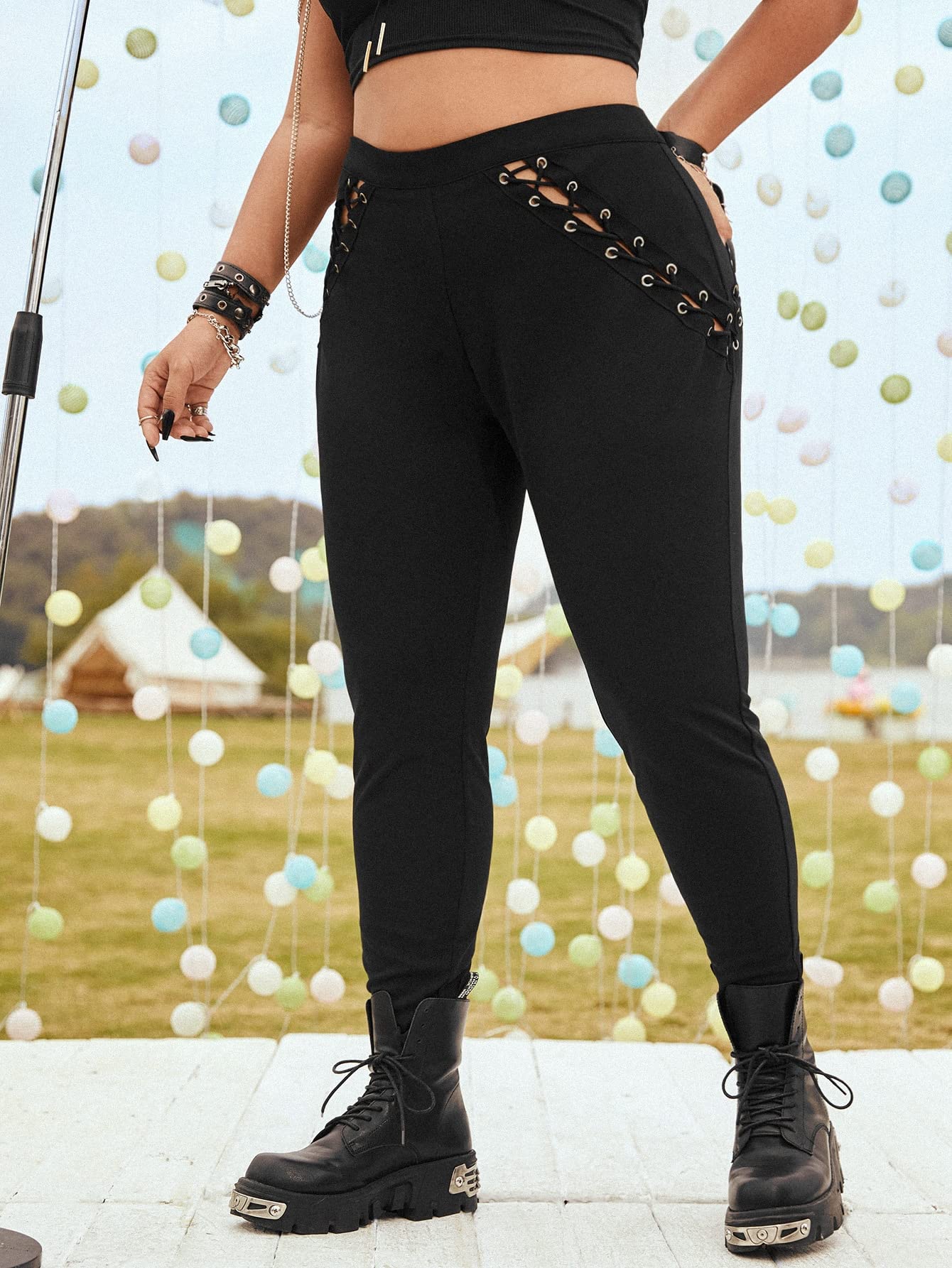 EVLTN Plus Size Pants Women Plus Grommet Lace Up Skinny Pants Plus Size Pants Women Color Black Size