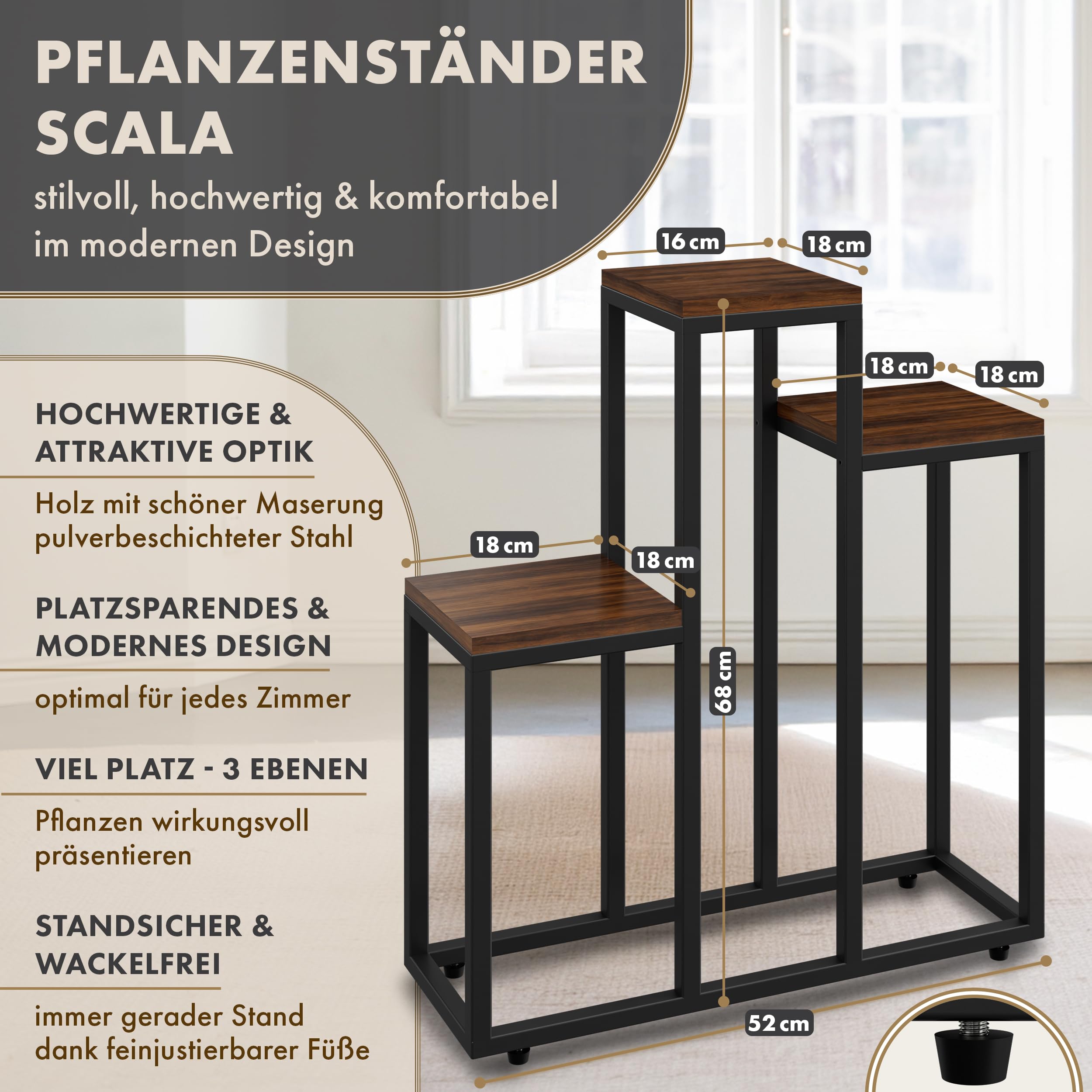 Blumenständer SCALA 3 Ebenen - 68 cm hoch schwarz Metall Deko